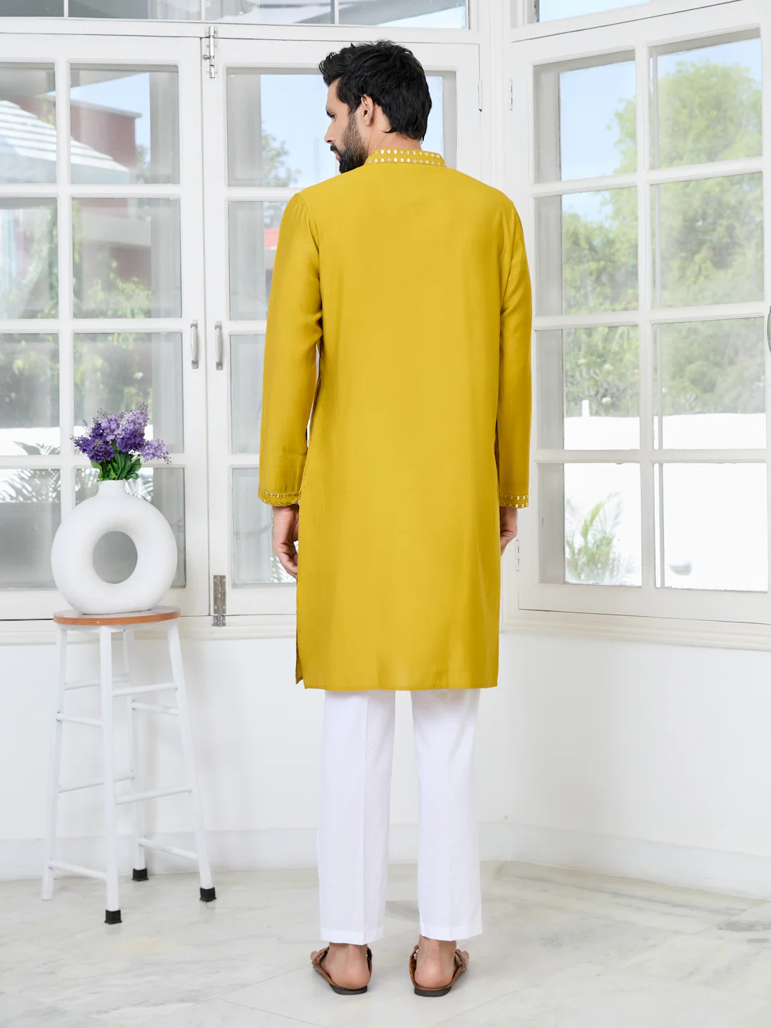 Men Mustard Sequins Embroidered Kurta - Image 4