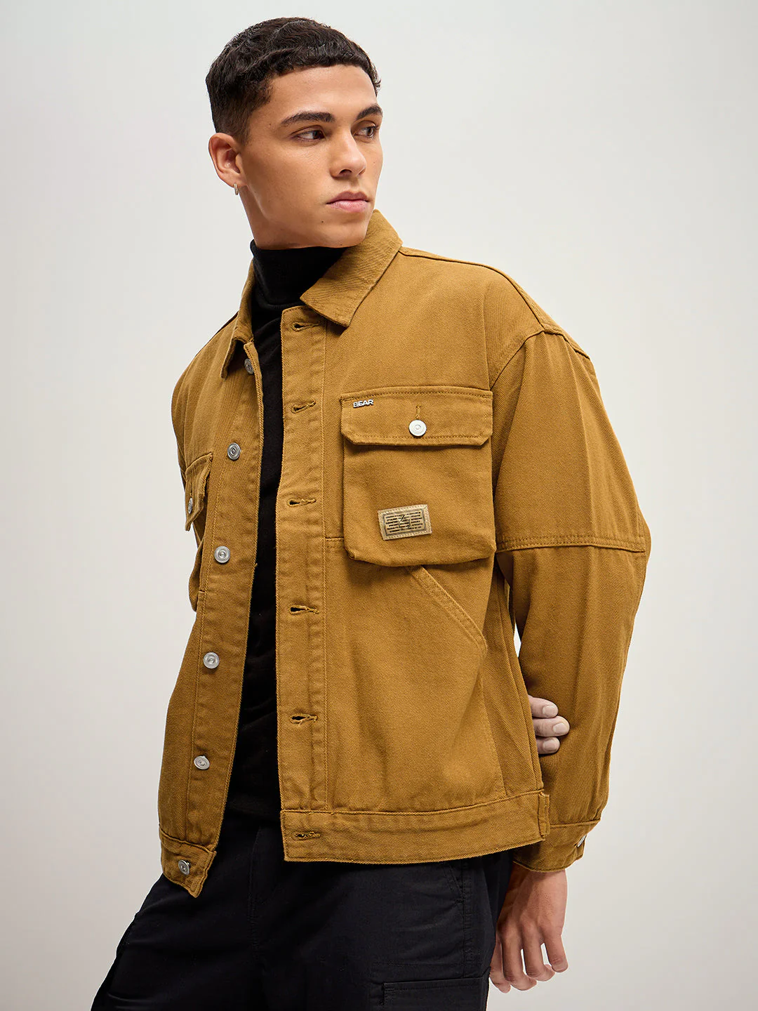 Men Mustard Solid Regular Fit Denim Jacket - Image 3