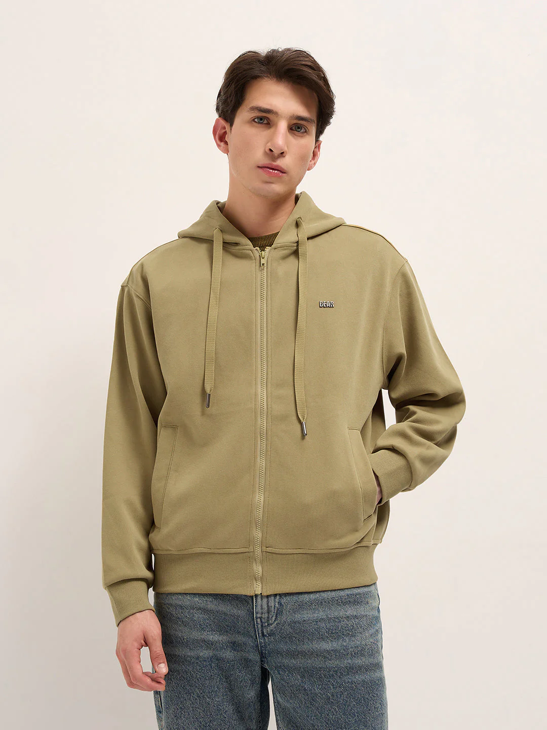 Men Mustard Solid Relax Fit Hoodie - Image 5