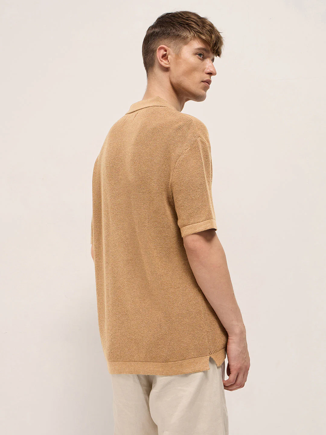 Men Mustard Textured Knit Relaxed Fit Polo - Image 2