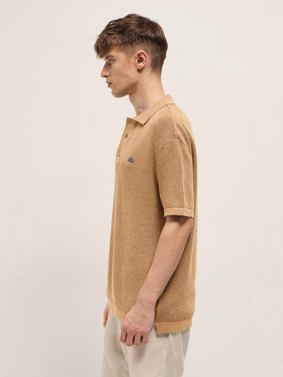 Men Mustard Textured Knit Relaxed Fit Polo - Image 3