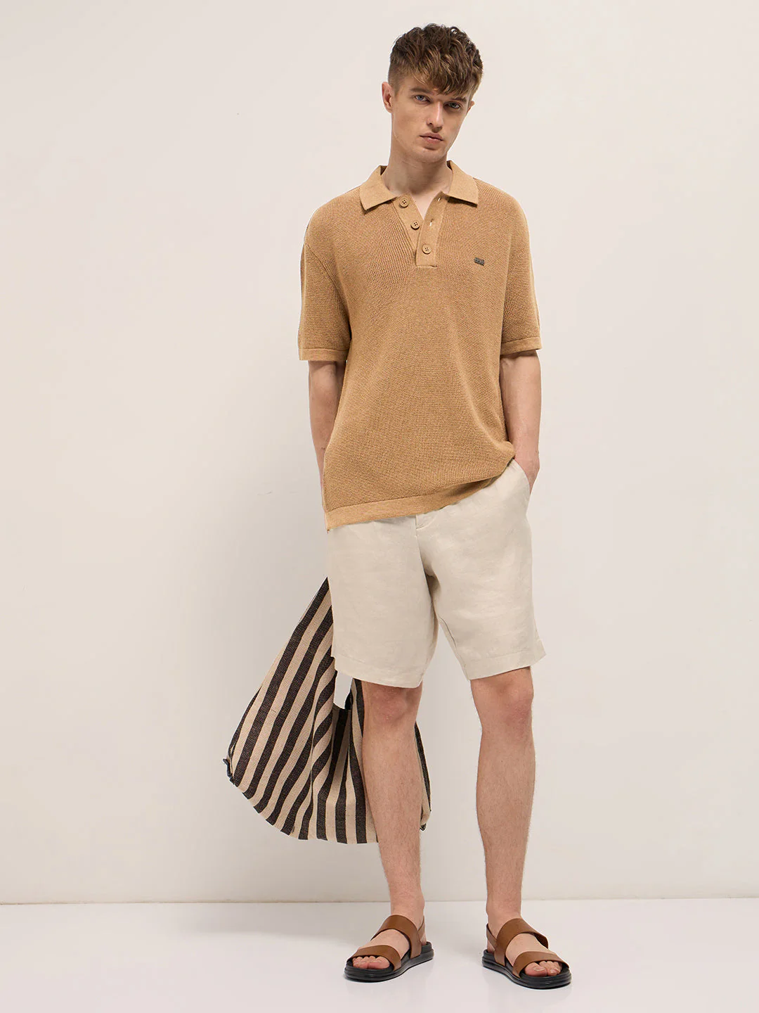 Men Mustard Textured Knit Relaxed Fit Polo - Image 4