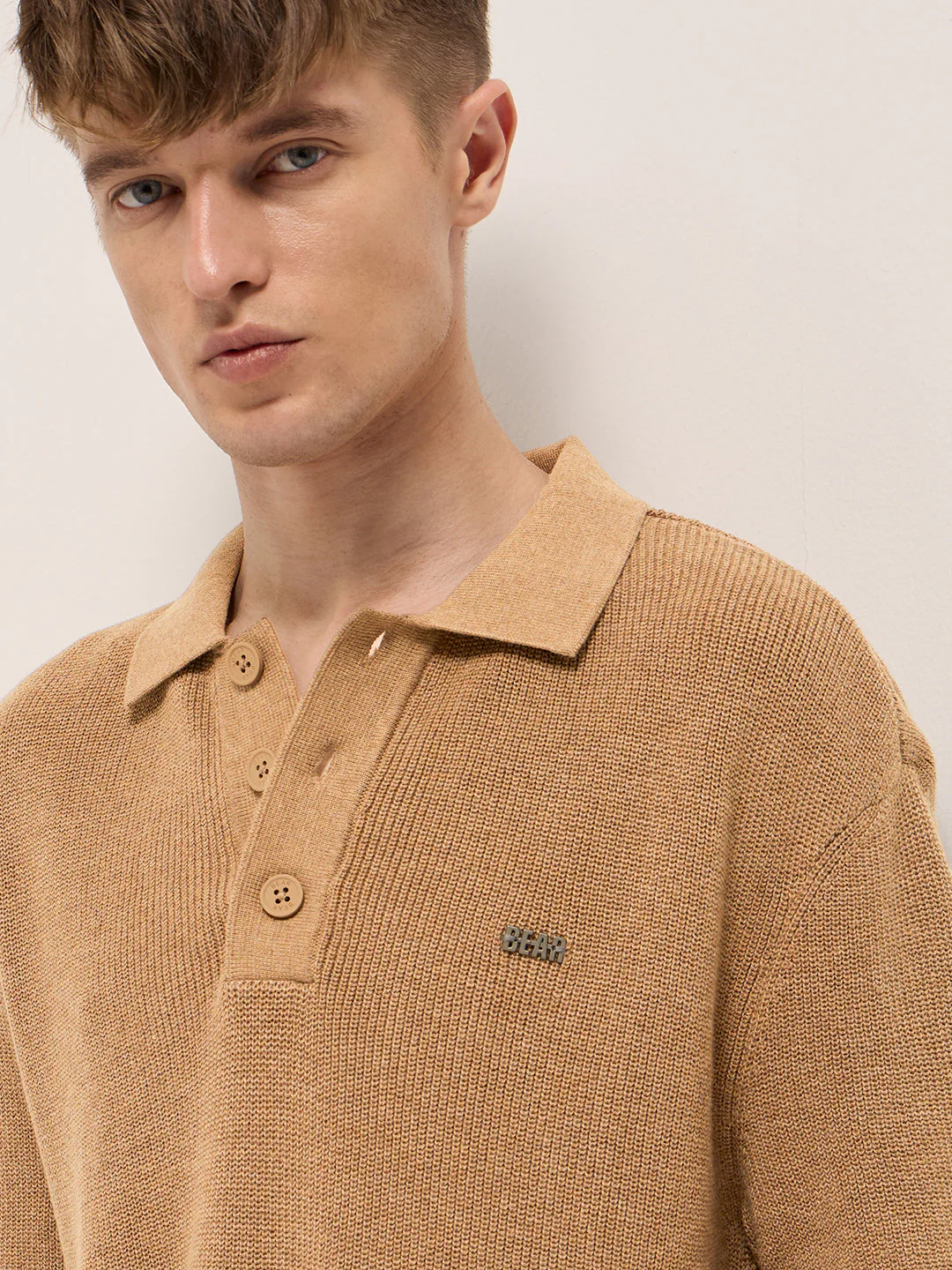 Men Mustard Textured Knit Relaxed Fit Polo - Image 5