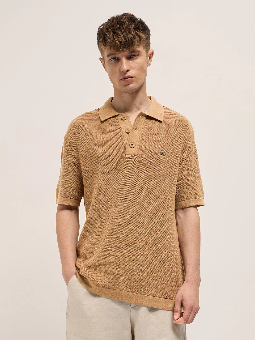 Men Mustard Textured Knit Relaxed Fit Polo - Image 6