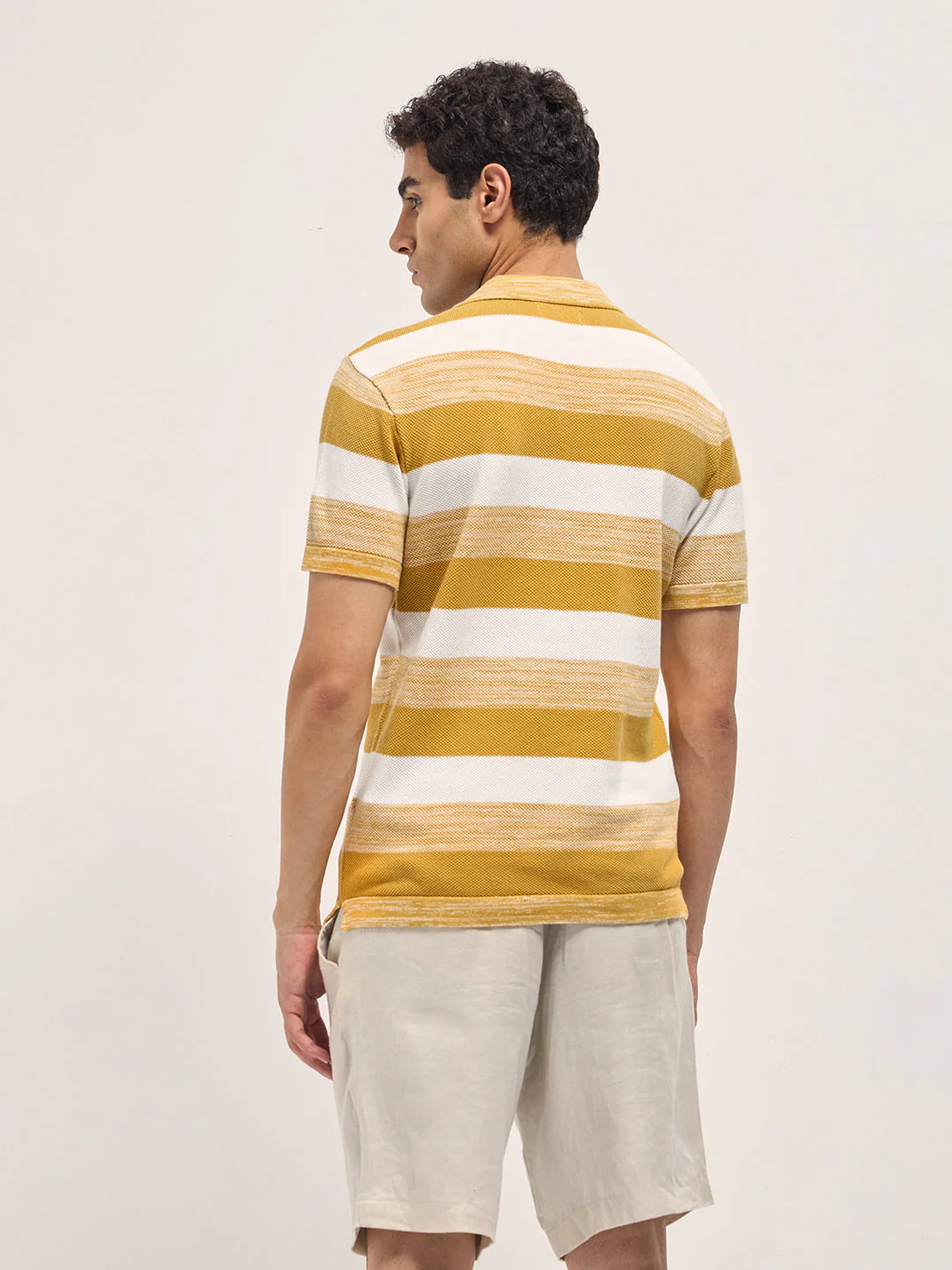 Men Mustard & White Horizontal Ribbed Stripes Slim Fit Polo - Image 2