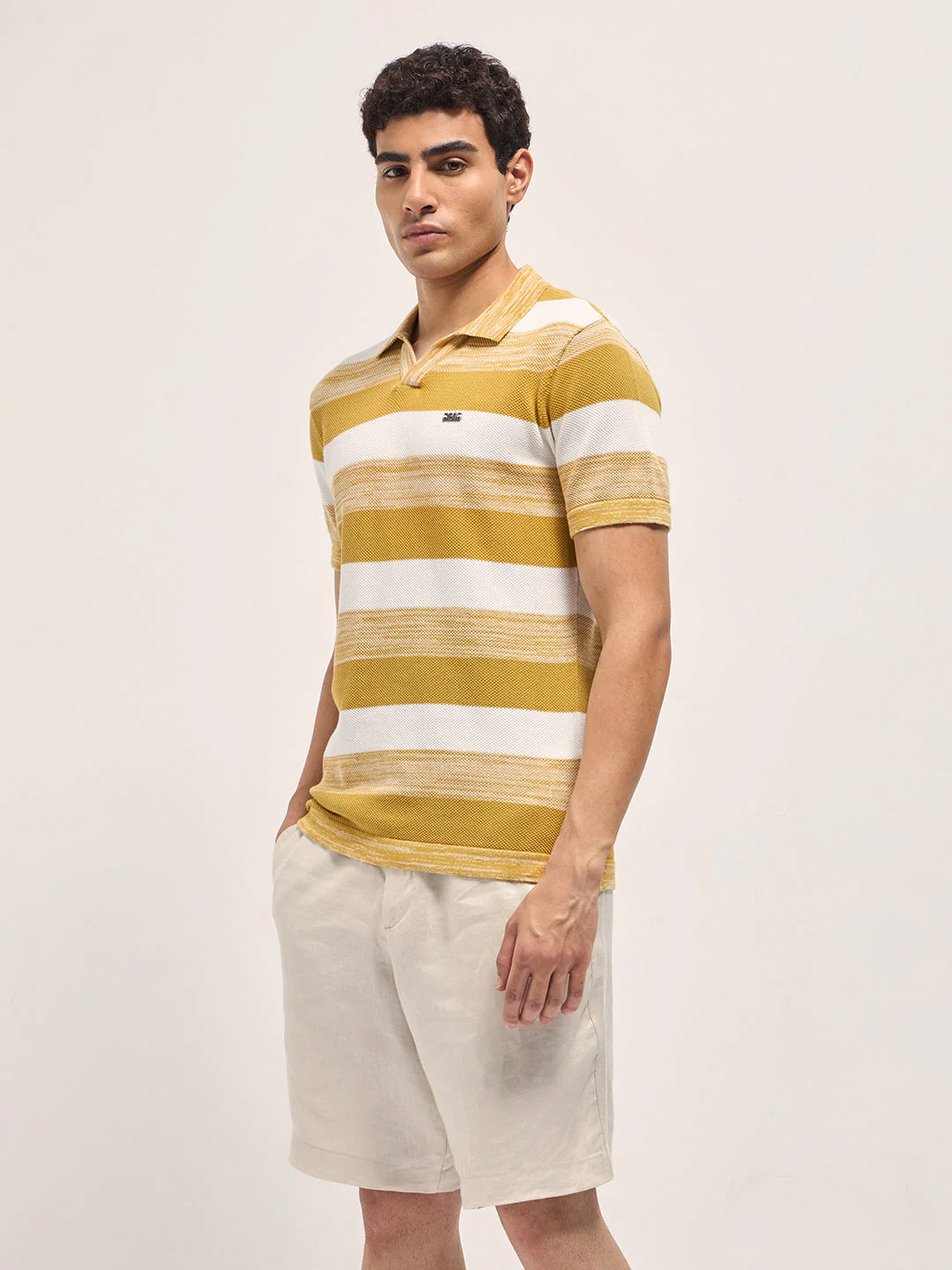 Men Mustard & White Horizontal Ribbed Stripes Slim Fit Polo - Image 3