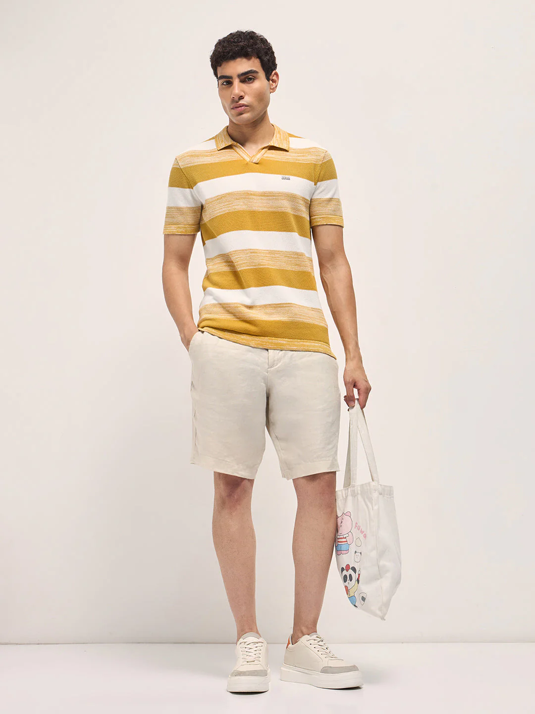 Men Mustard & White Horizontal Ribbed Stripes Slim Fit Polo - Image 4