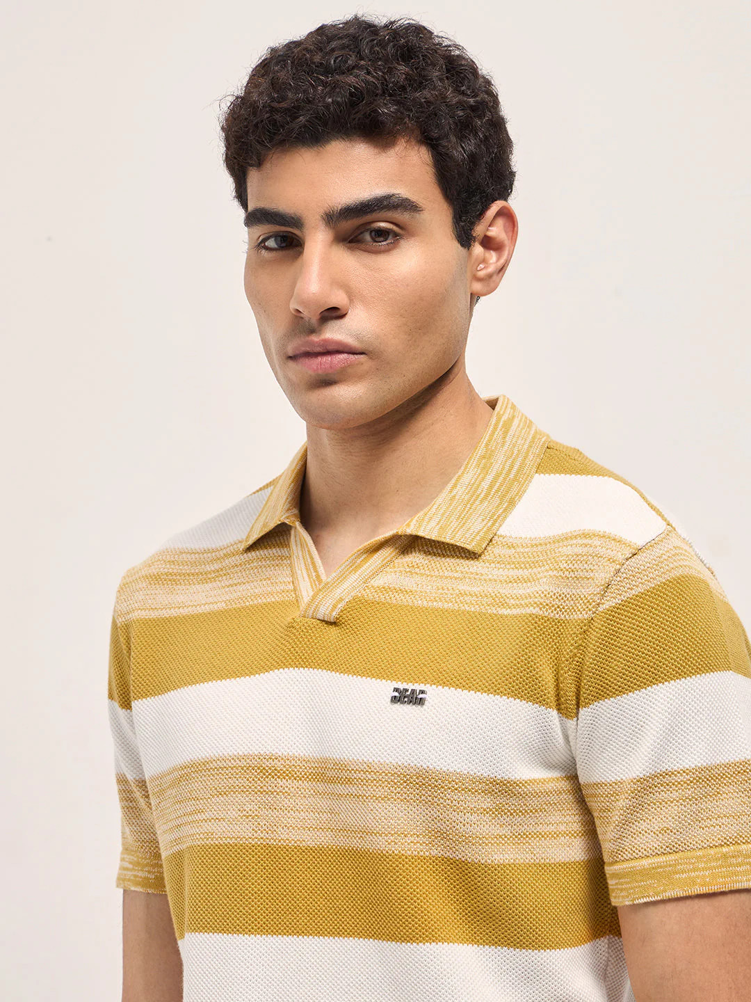 Men Mustard & White Horizontal Ribbed Stripes Slim Fit Polo - Image 5