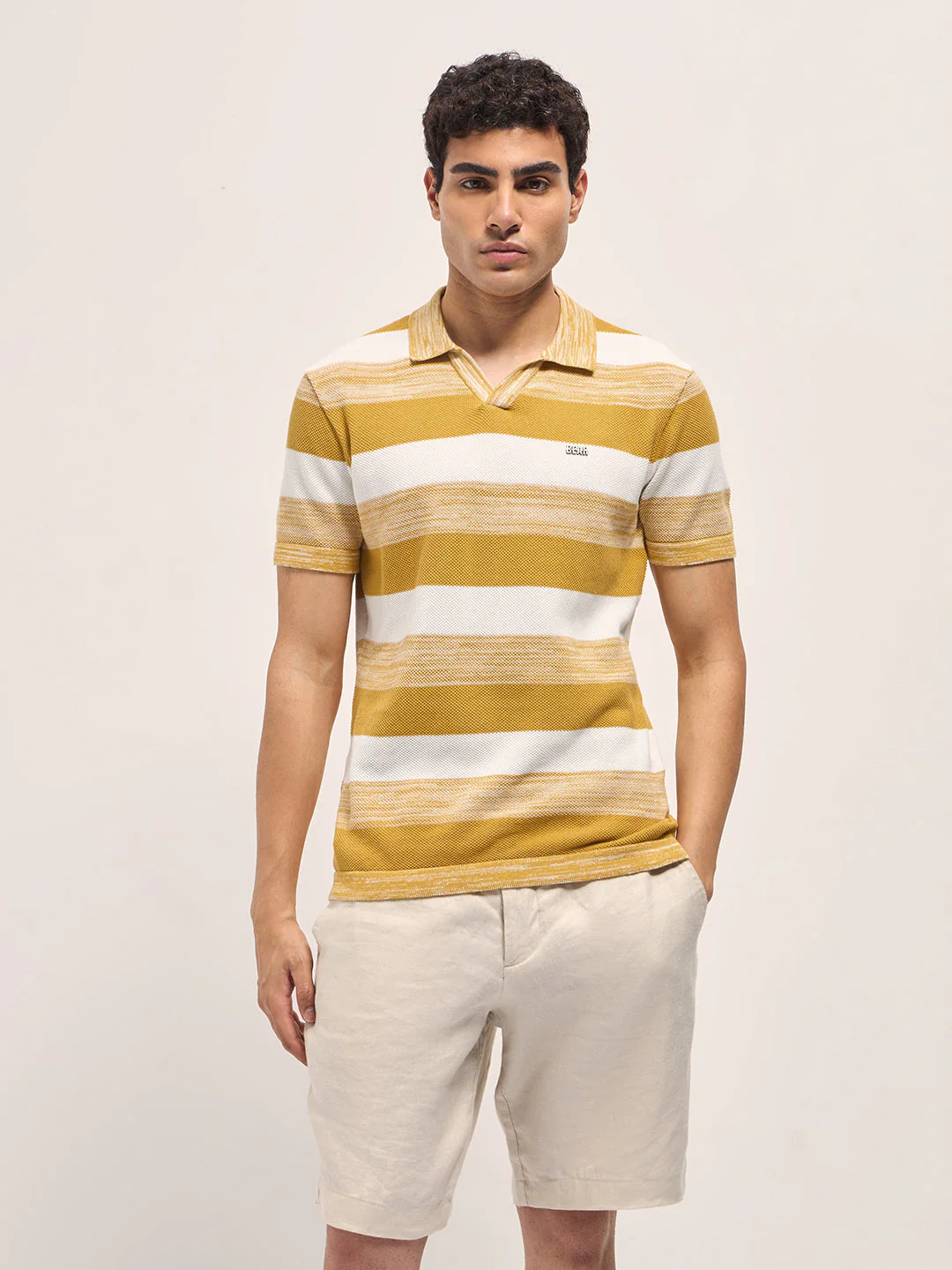 Men Mustard & White Horizontal Ribbed Stripes Slim Fit Polo - Image 6