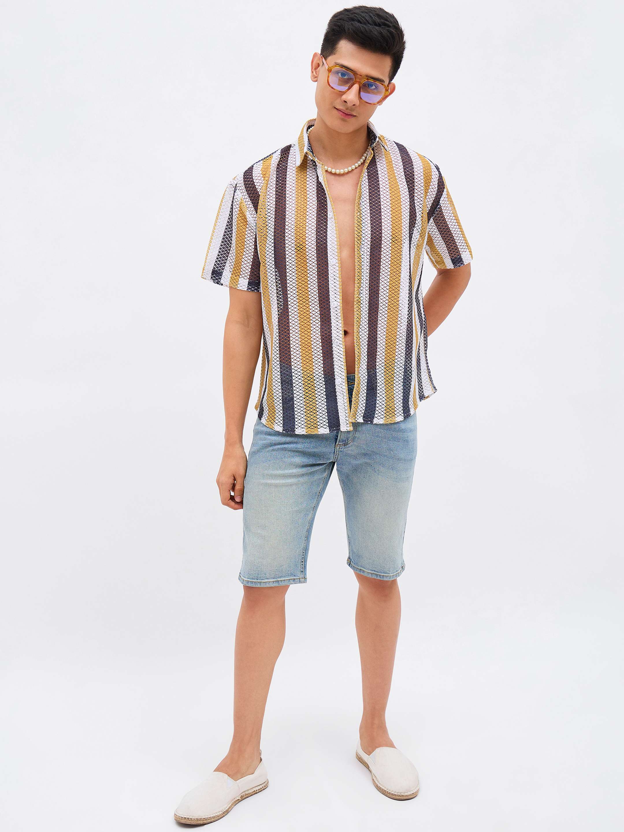Men Mustard & White Stripes Crochet Shirt - Image 2
