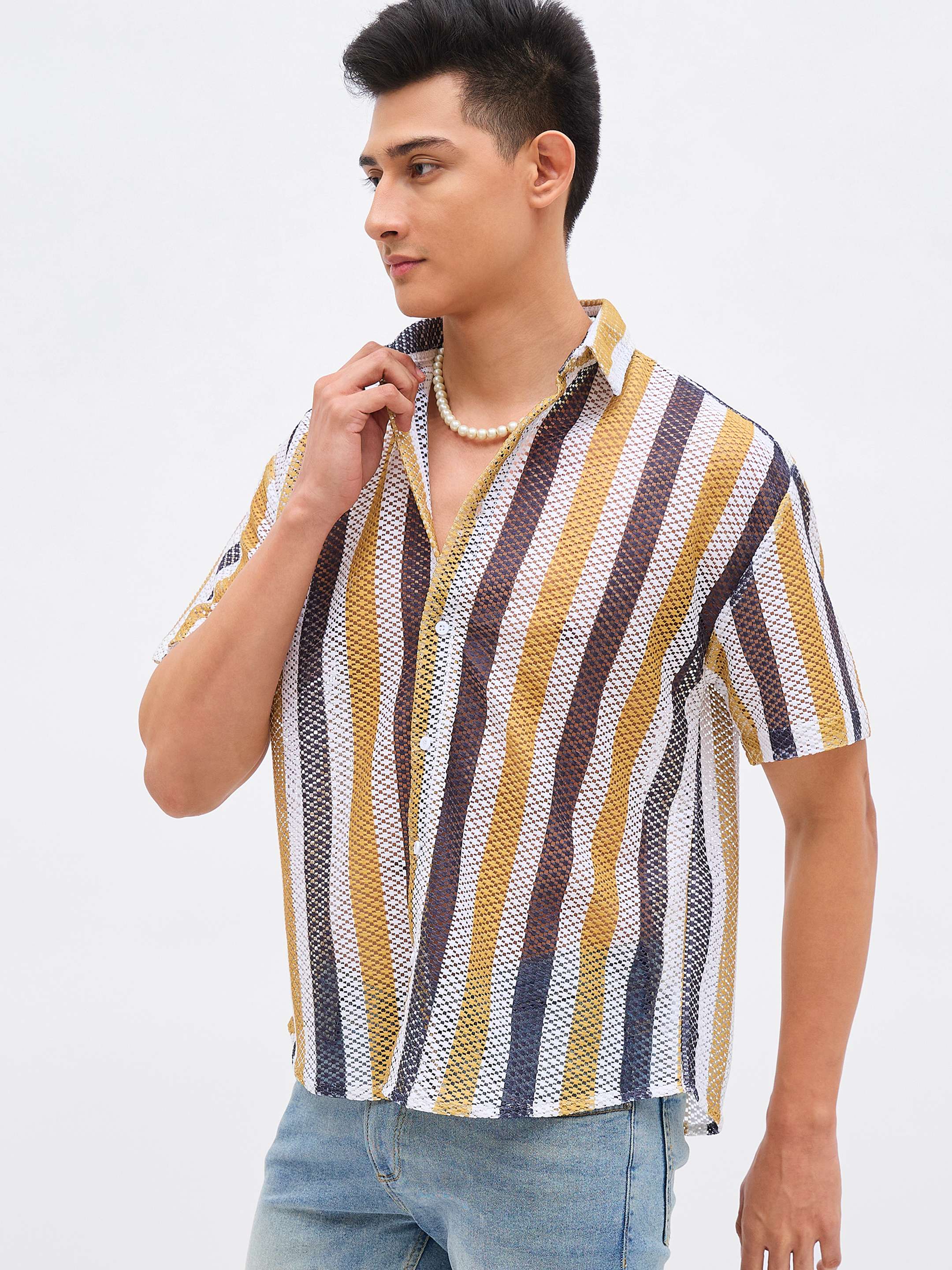 Men Mustard & White Stripes Crochet Shirt - Image 3