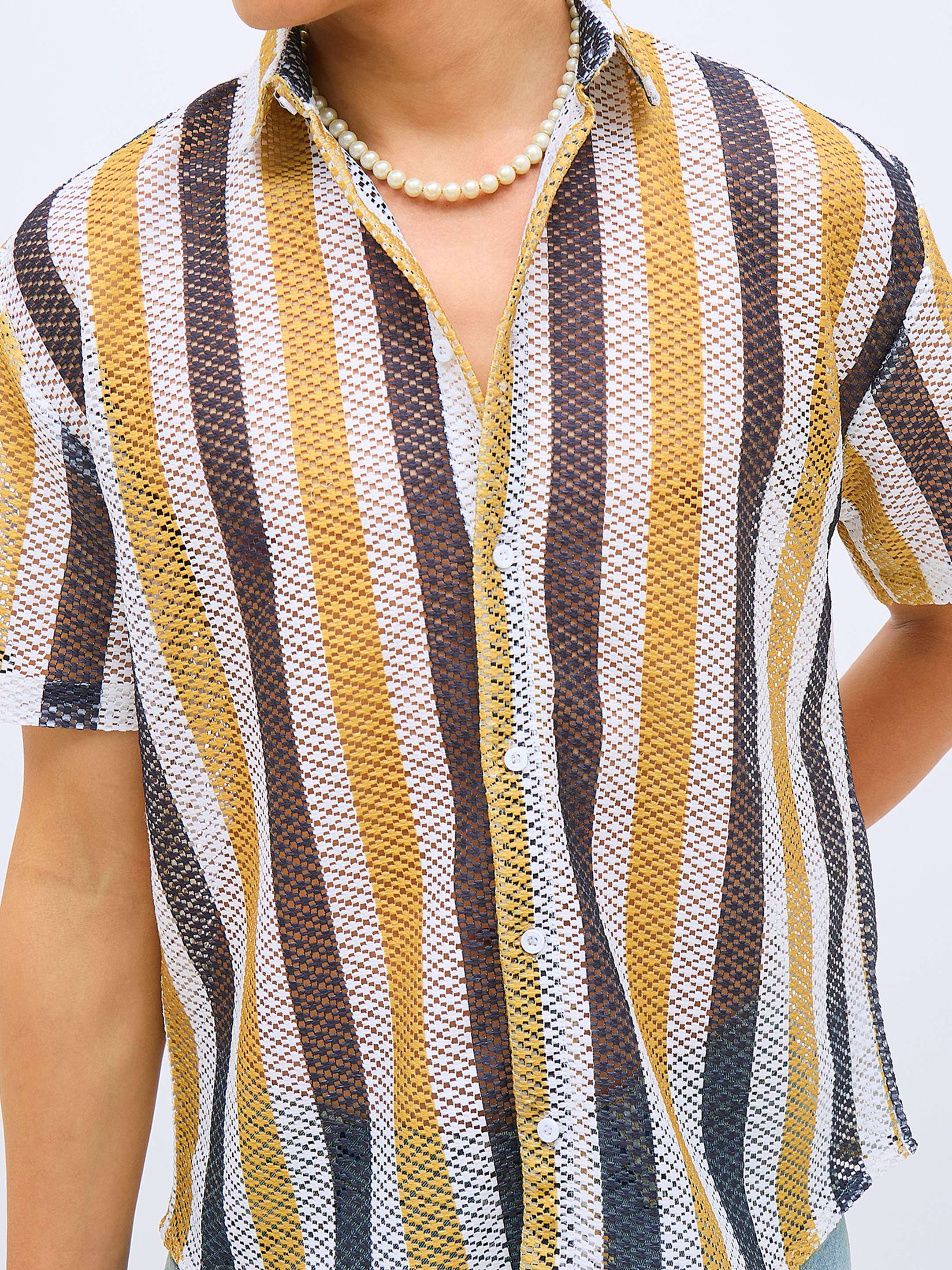 Men Mustard & White Stripes Crochet Shirt - Image 4