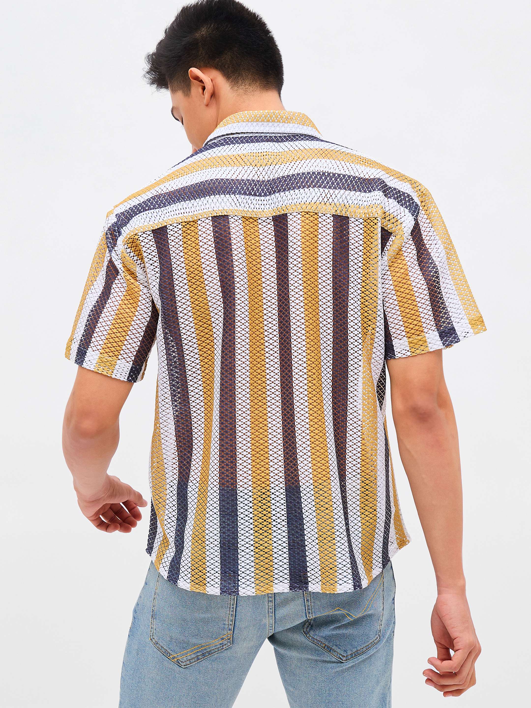 Men Mustard & White Stripes Crochet Shirt - Image 5