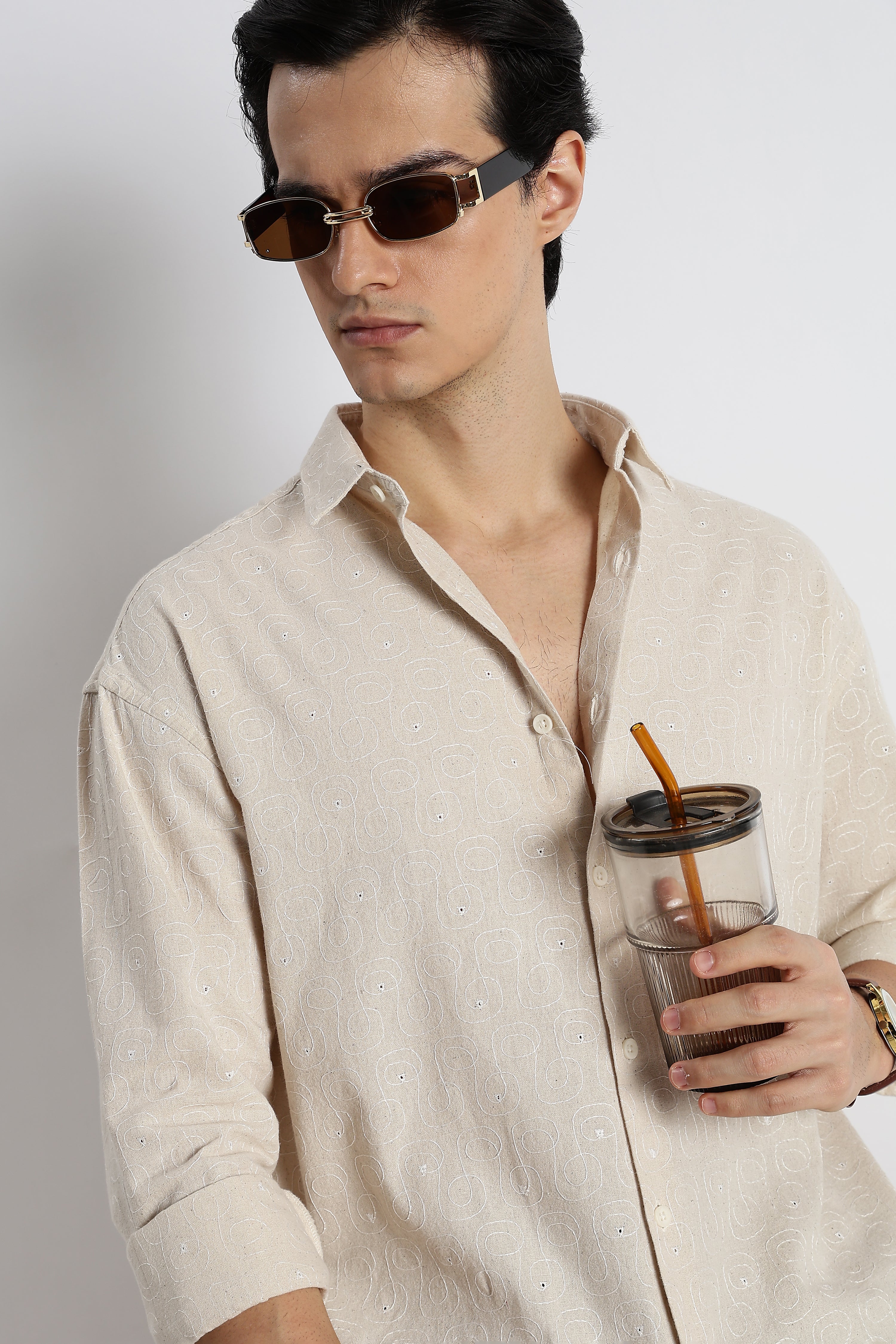 Men Natural Embroidered Cotton Shirt - Image 3