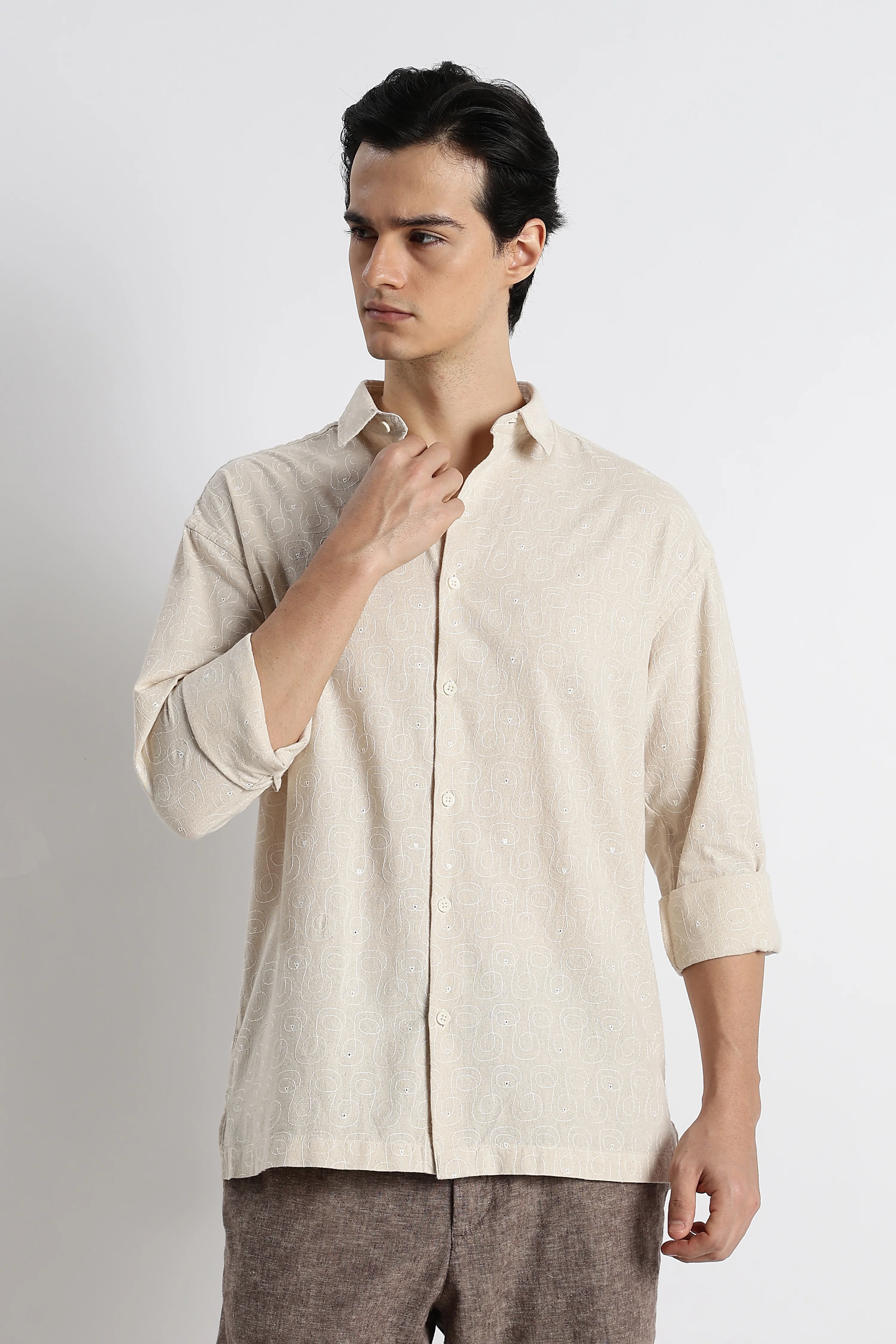 Men Natural Embroidered Cotton Shirt - Image 4