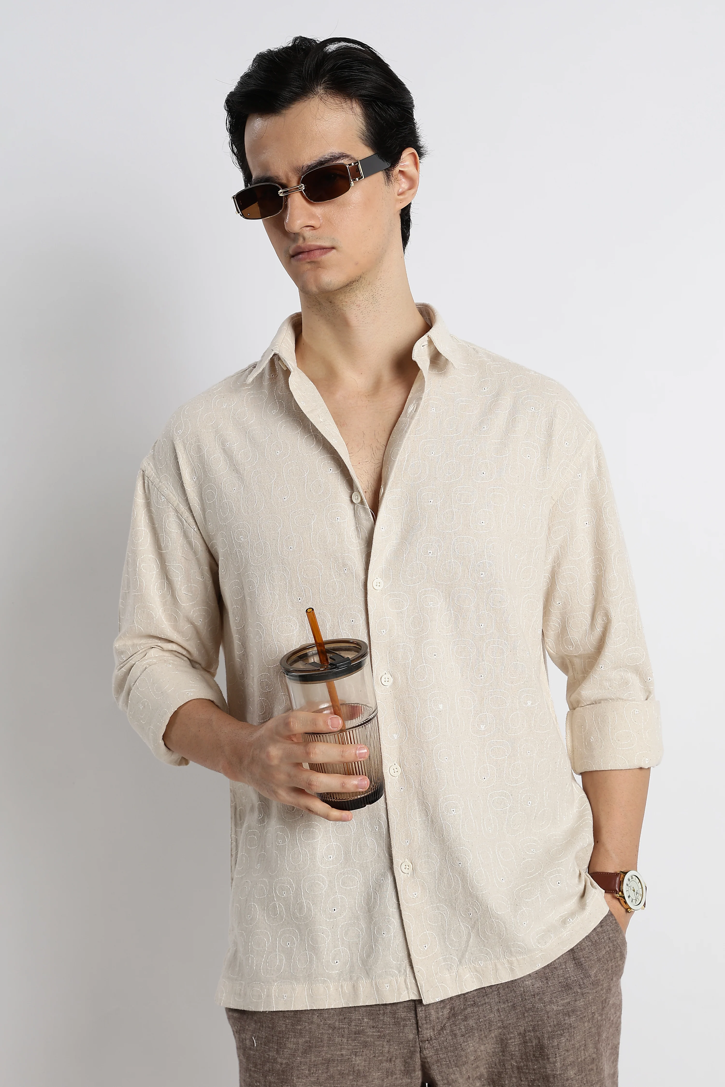 Men Natural Embroidered Cotton Shirt - Image 9