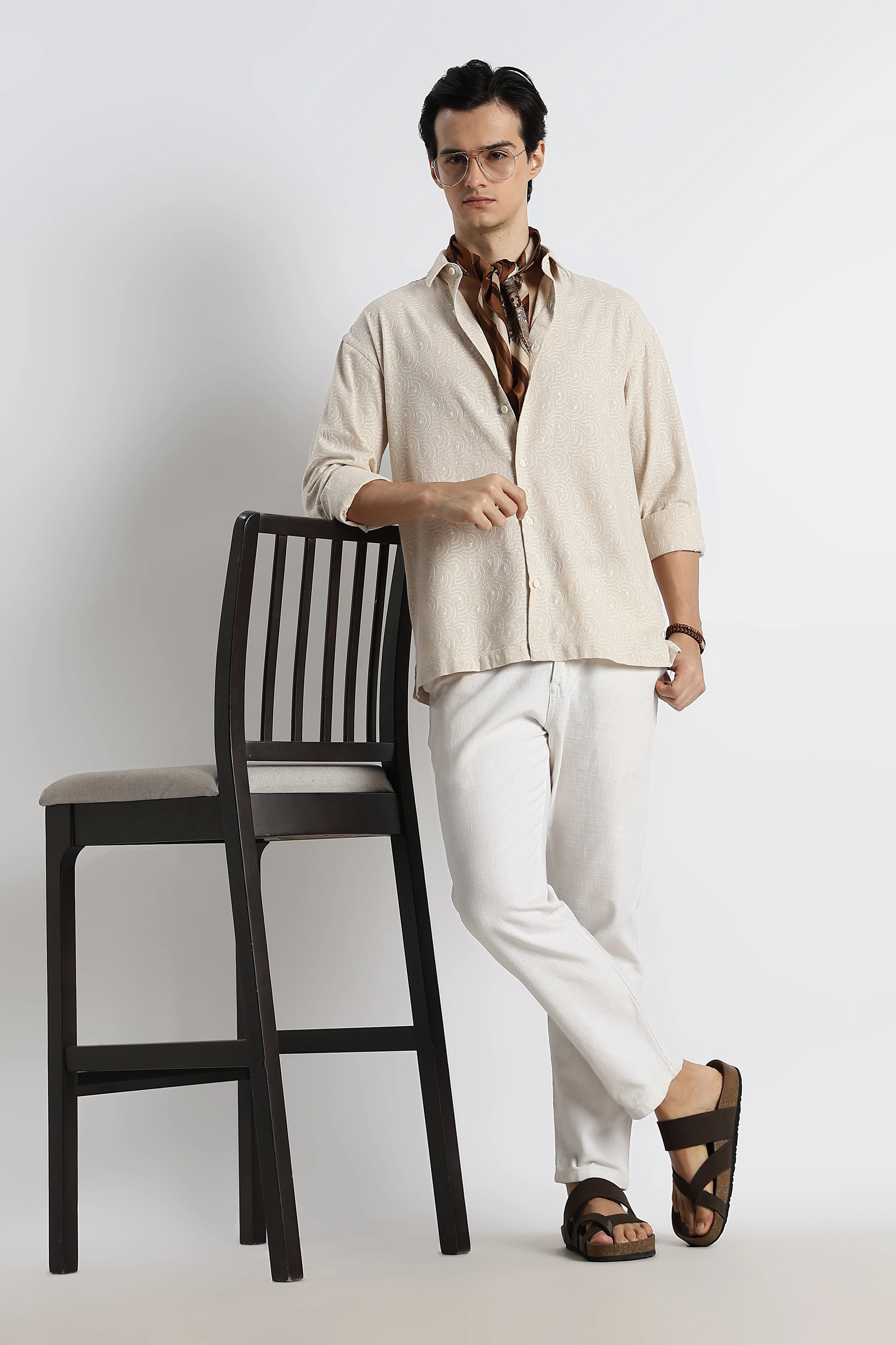 Men Natural Embroidered Cotton Shirt - Image 2