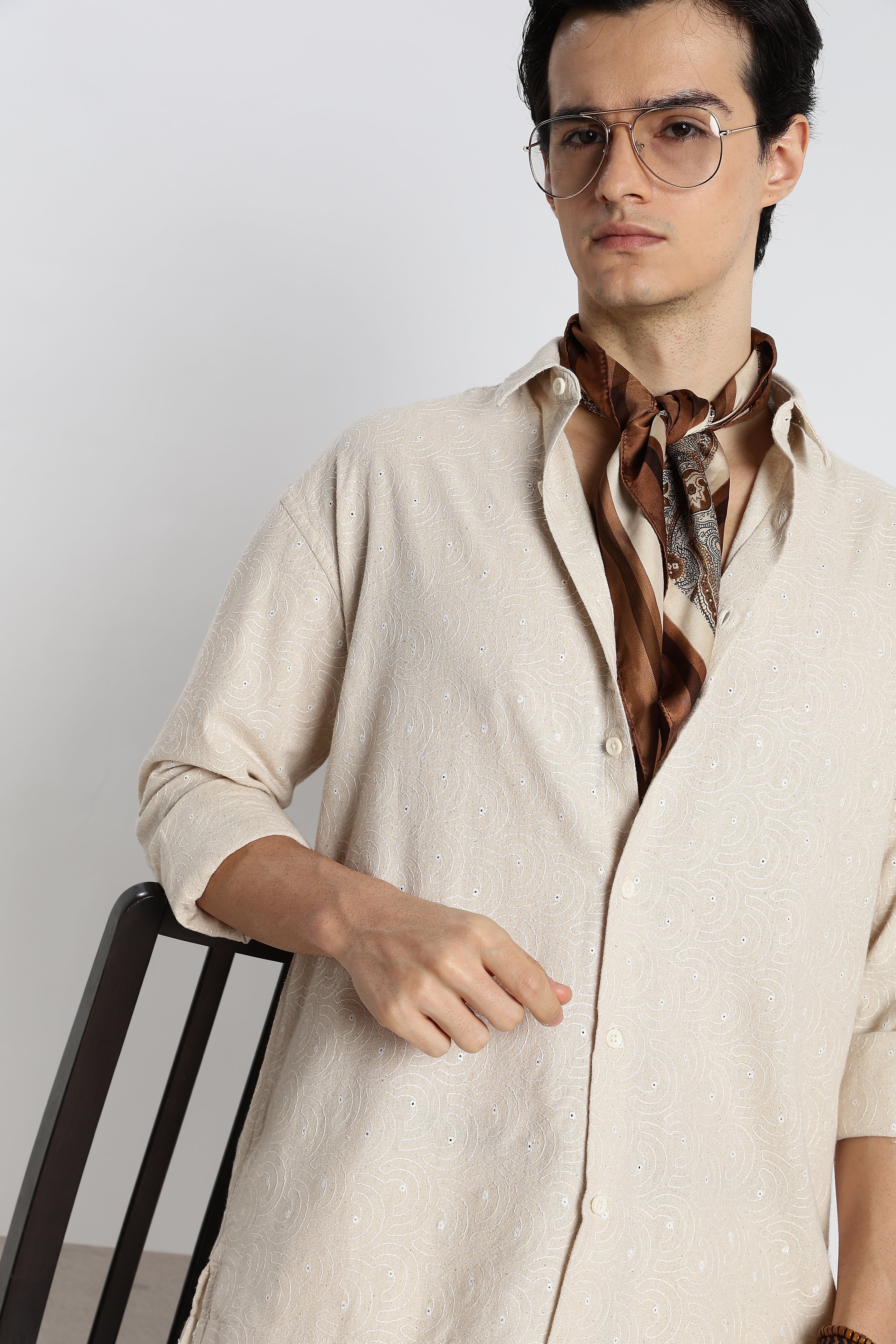 Men Natural Embroidered Cotton Shirt - Image 3