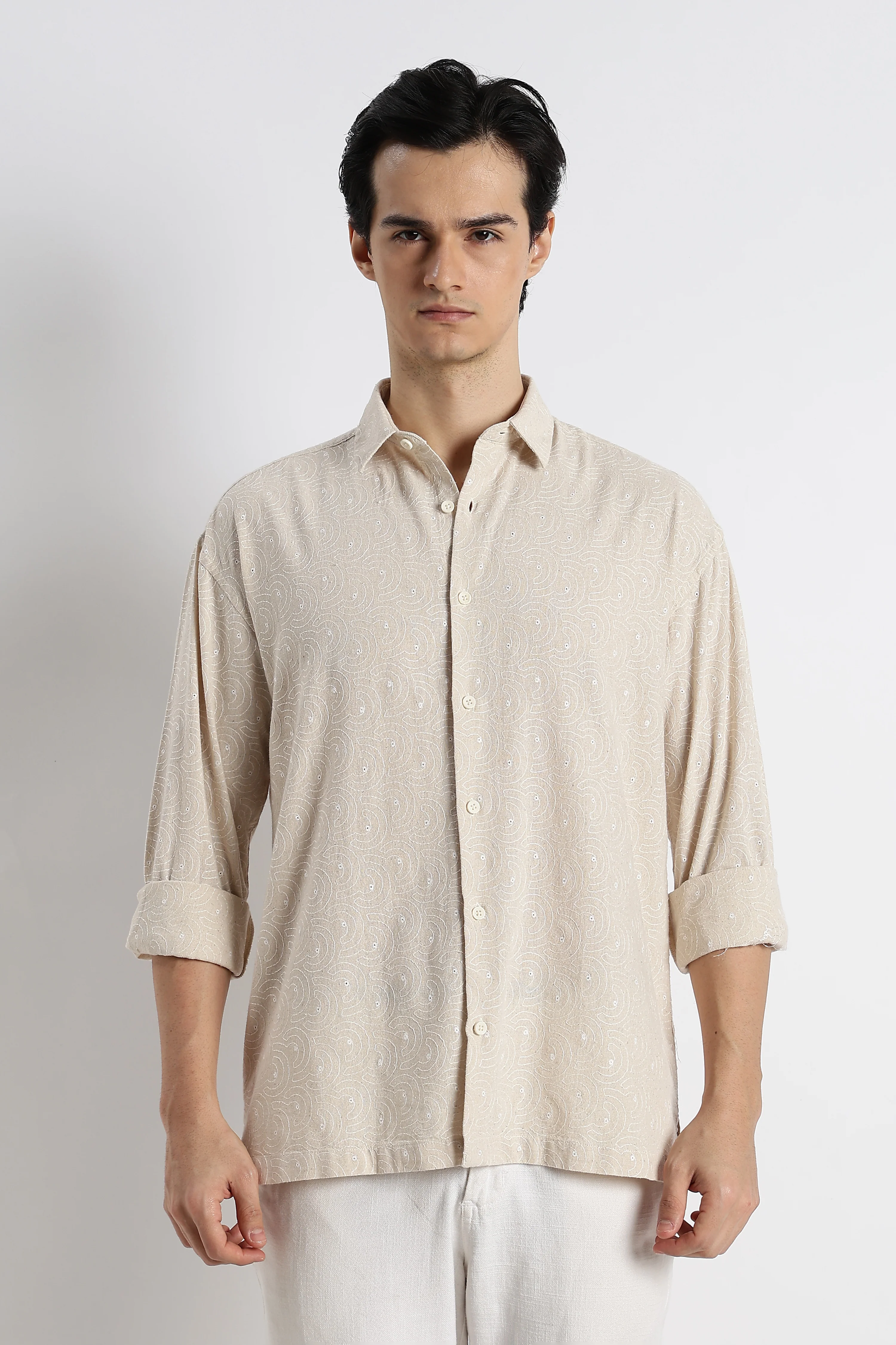 Men Natural Embroidered Cotton Shirt - Image 5