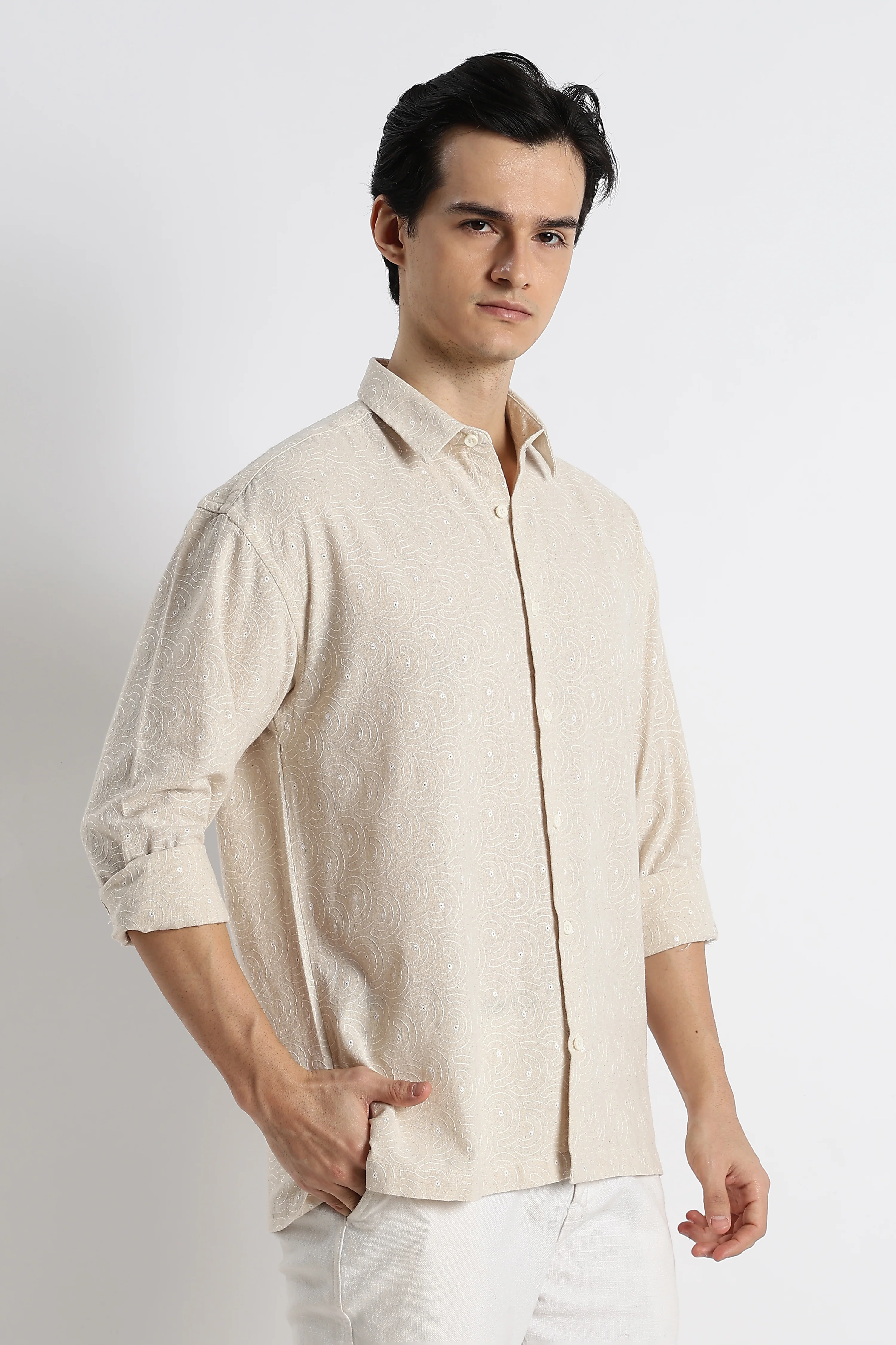 Men Natural Embroidered Cotton Shirt - Image 7