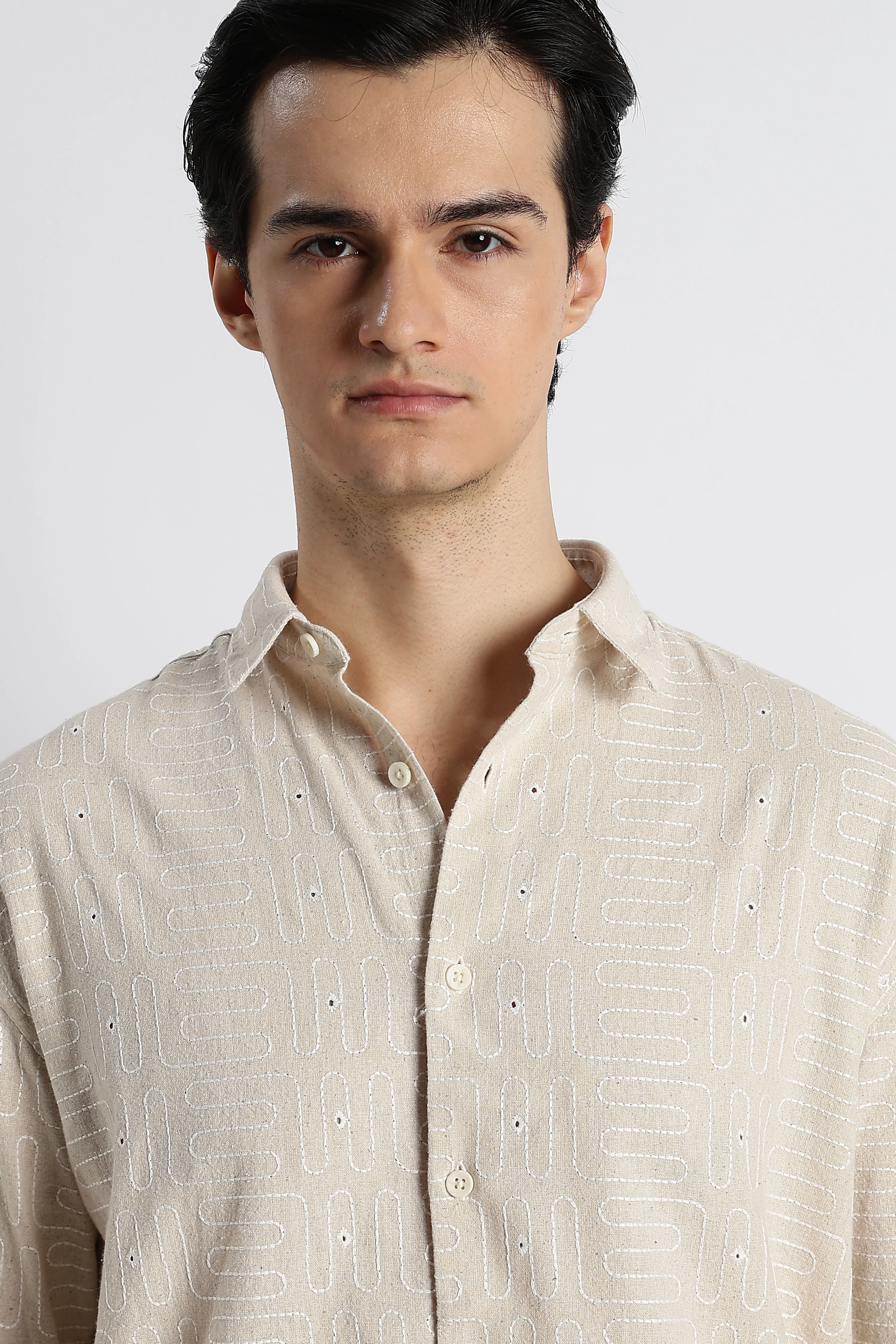 Men Natural Embroidered Cotton Shirt - Image 2