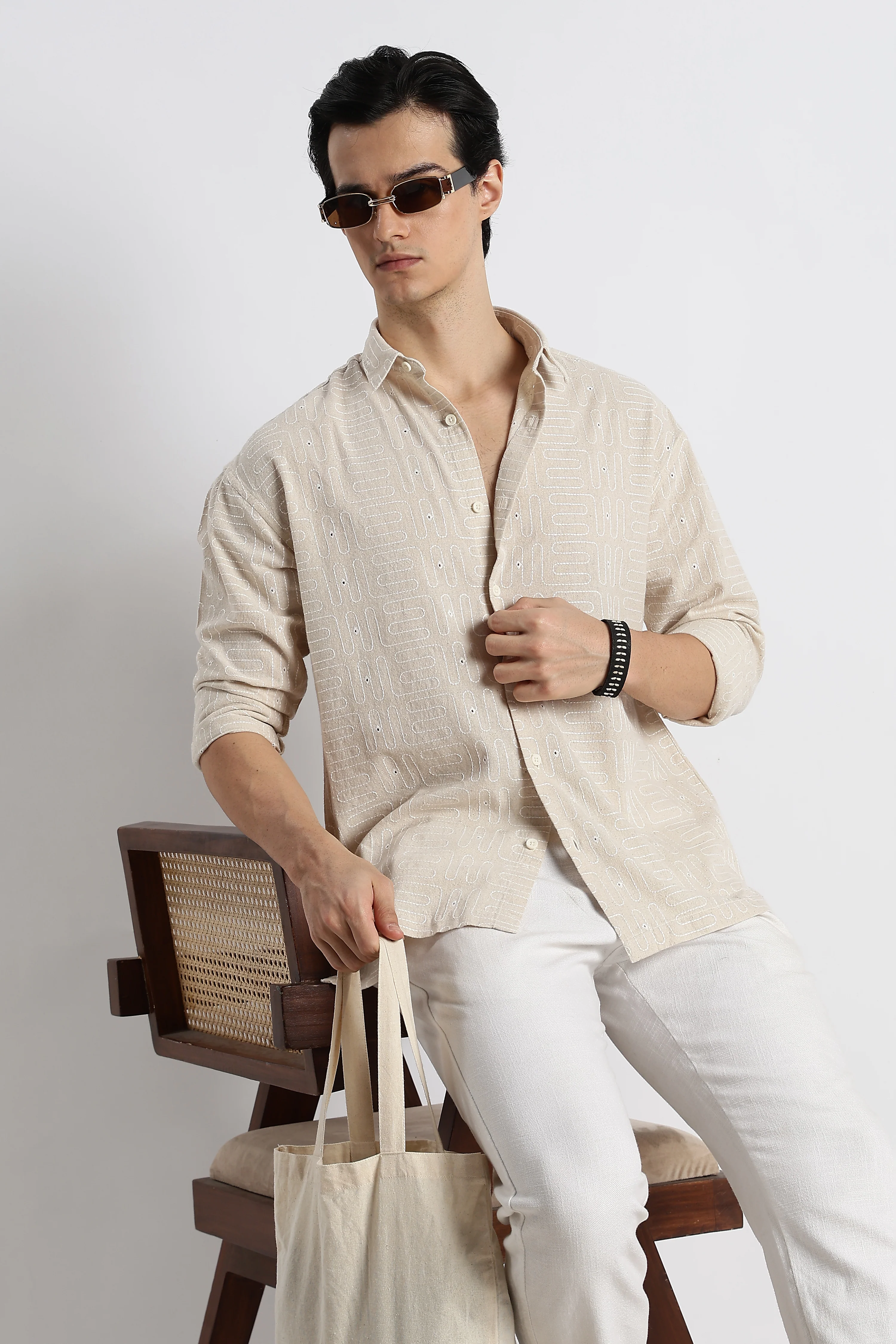 Men Natural Embroidered Cotton Shirt - Image 3