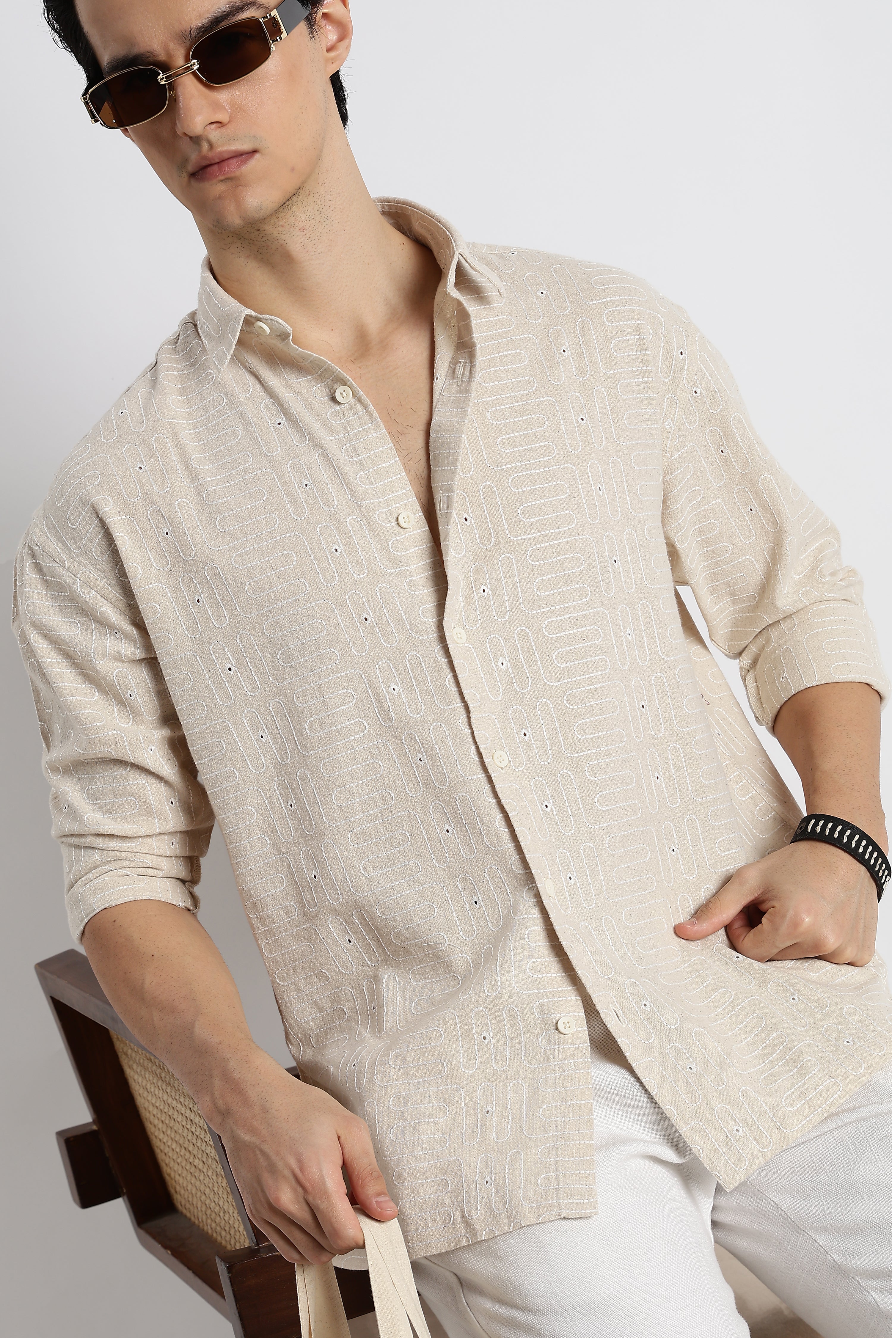 Men Natural Embroidered Cotton Shirt - Image 4