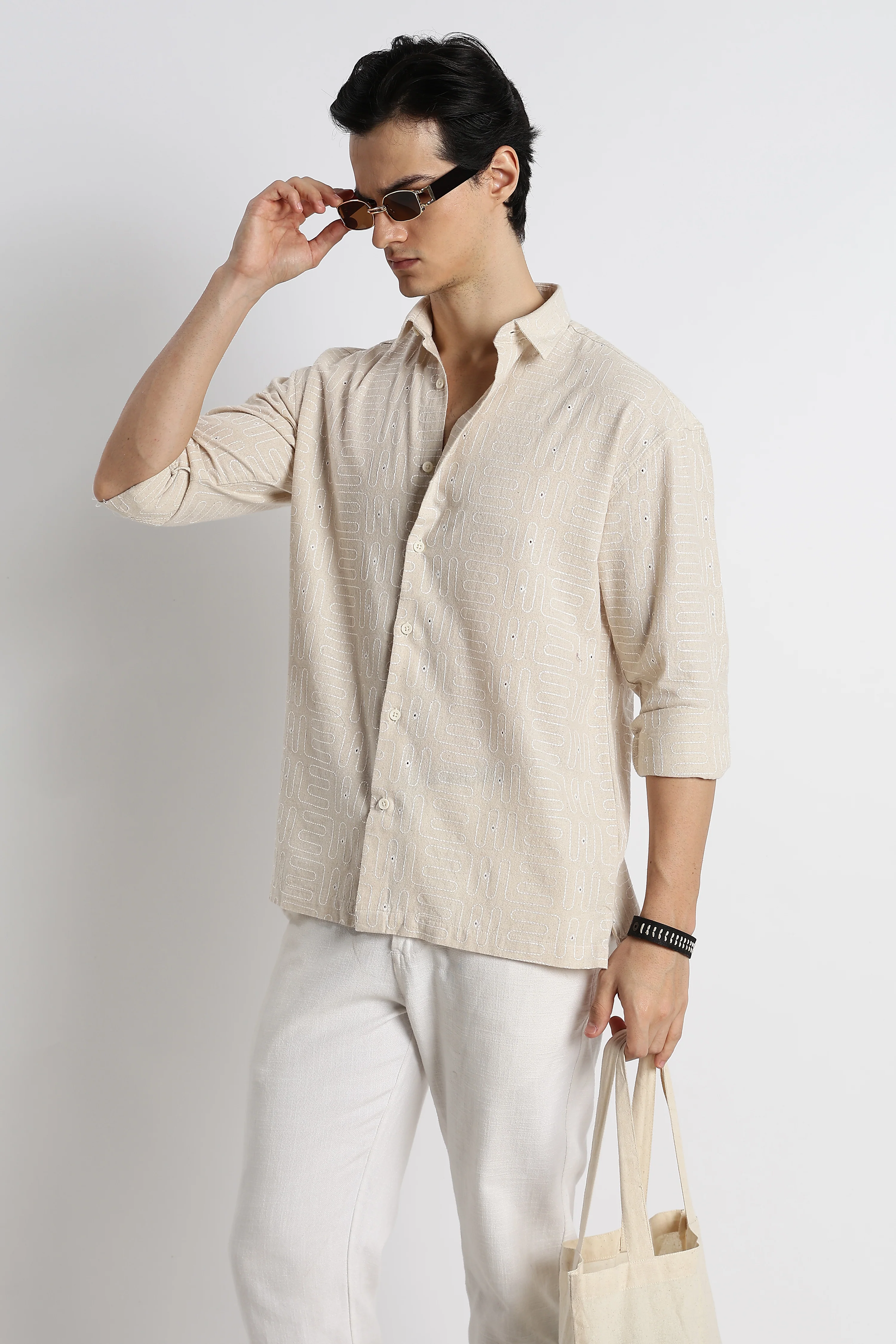 Men Natural Embroidered Cotton Shirt - Image 6