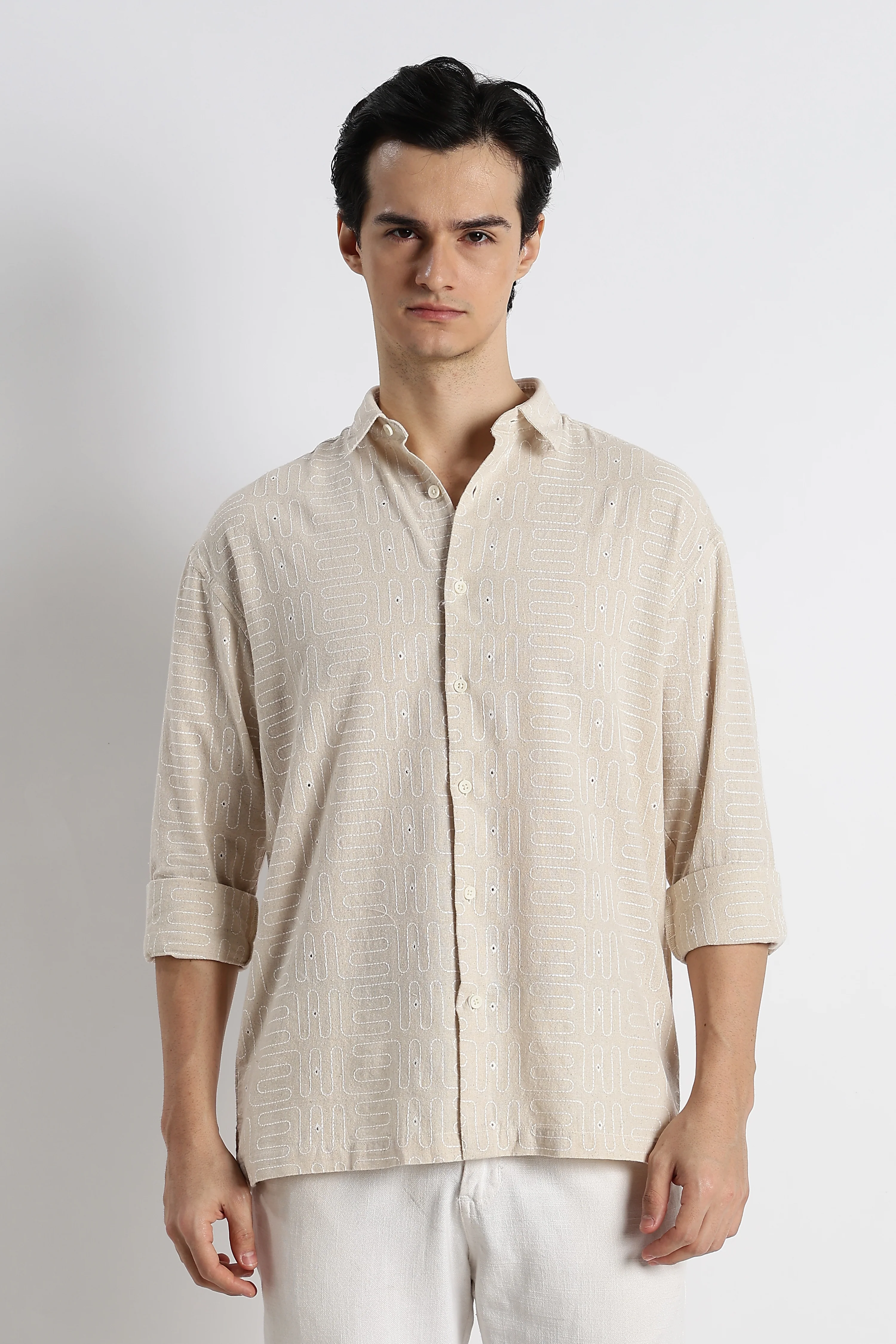 Men Natural Embroidered Cotton Shirt - Image 8