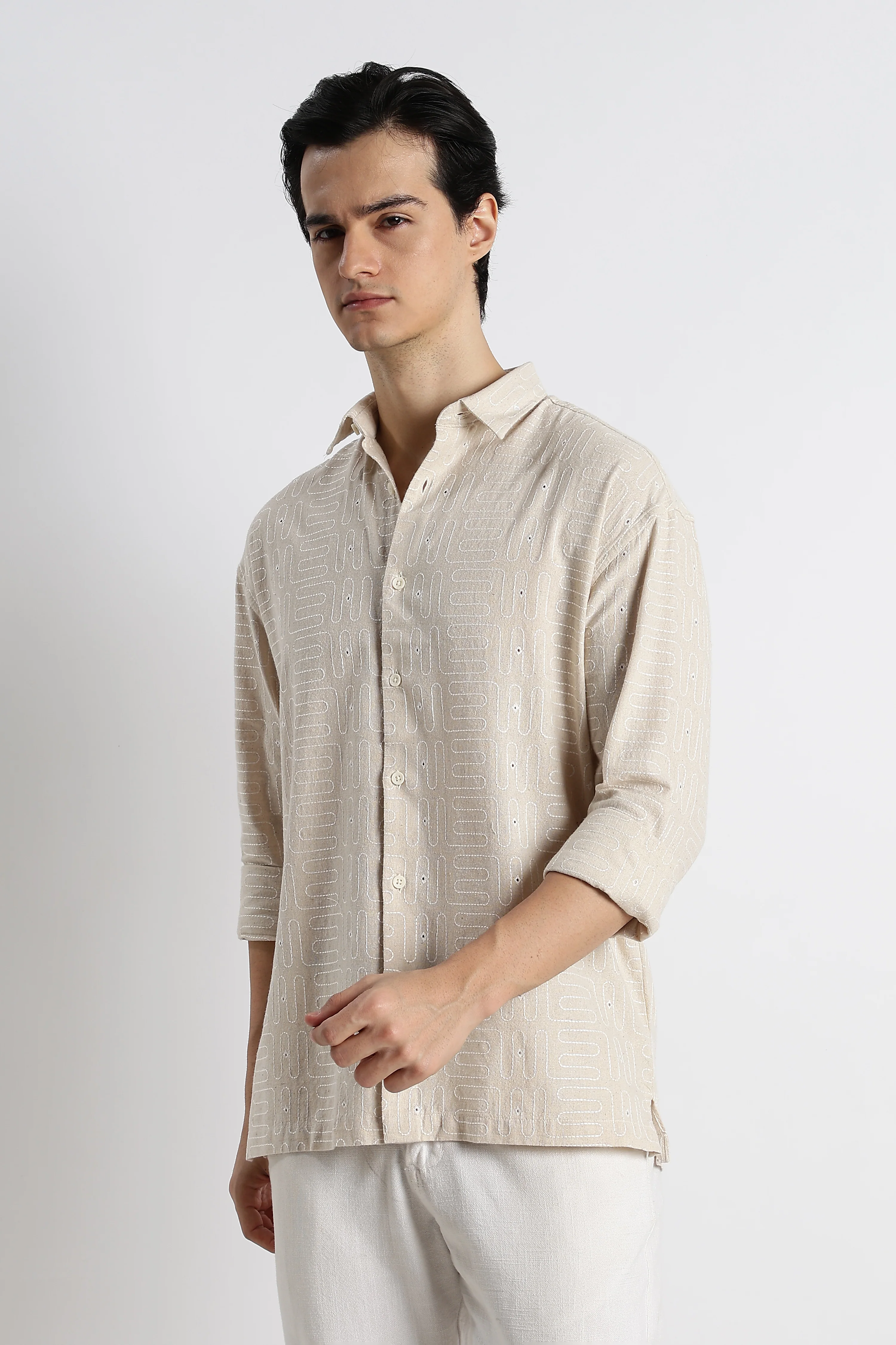 Men Natural Embroidered Cotton Shirt - Image 9