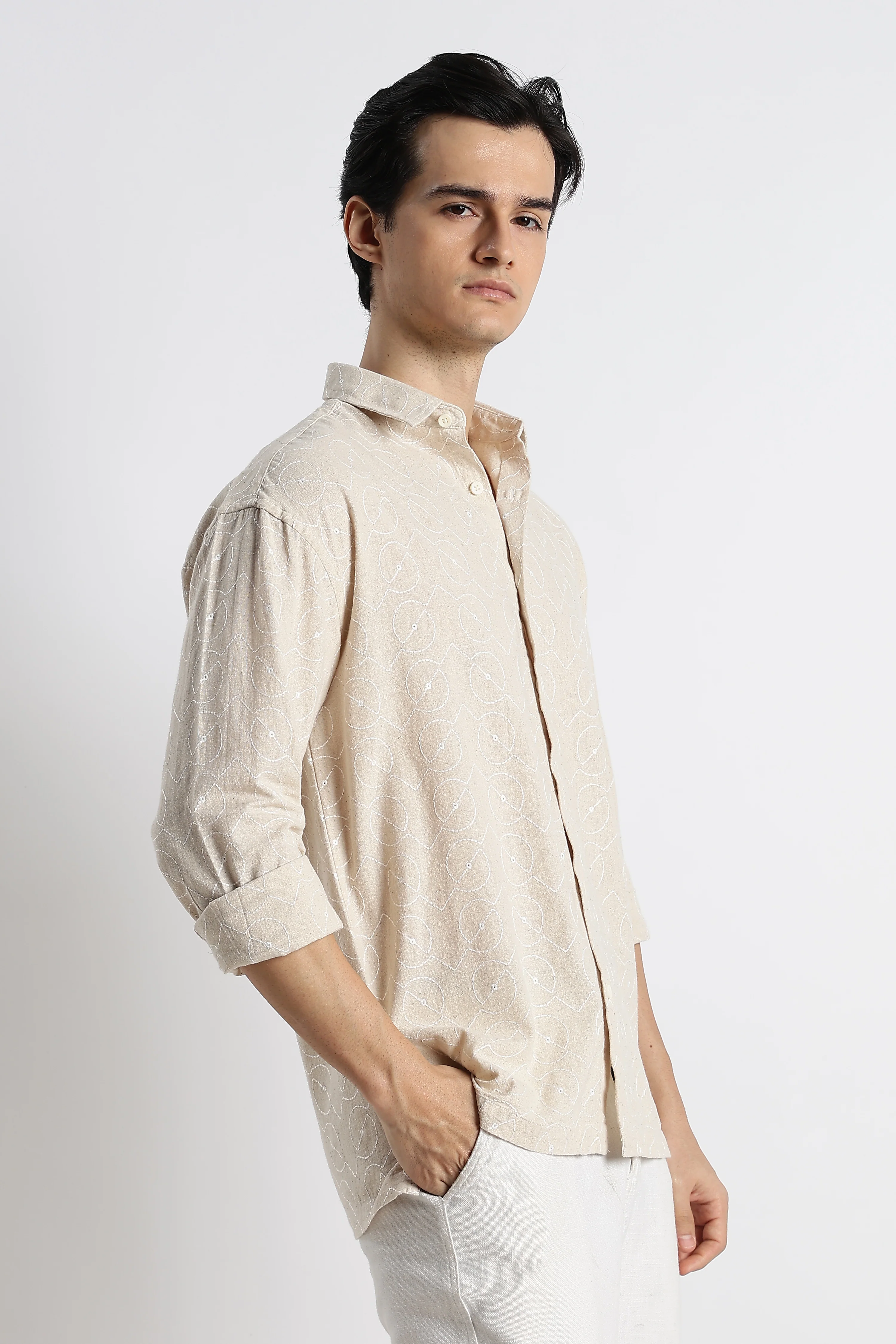 Men Natural Embroidered Cotton Shirt - Image 11