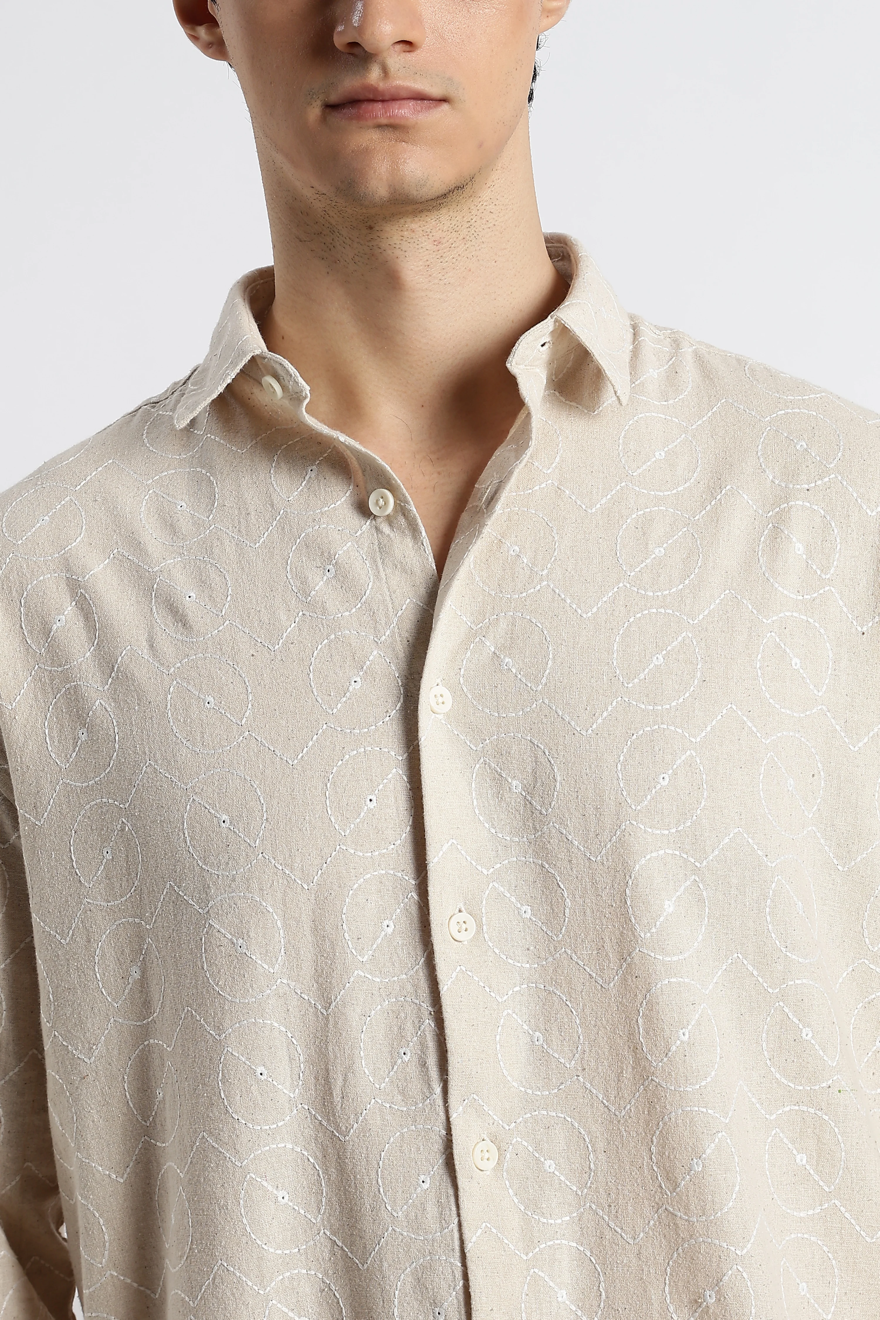 Men Natural Embroidered Cotton Shirt - Image 3