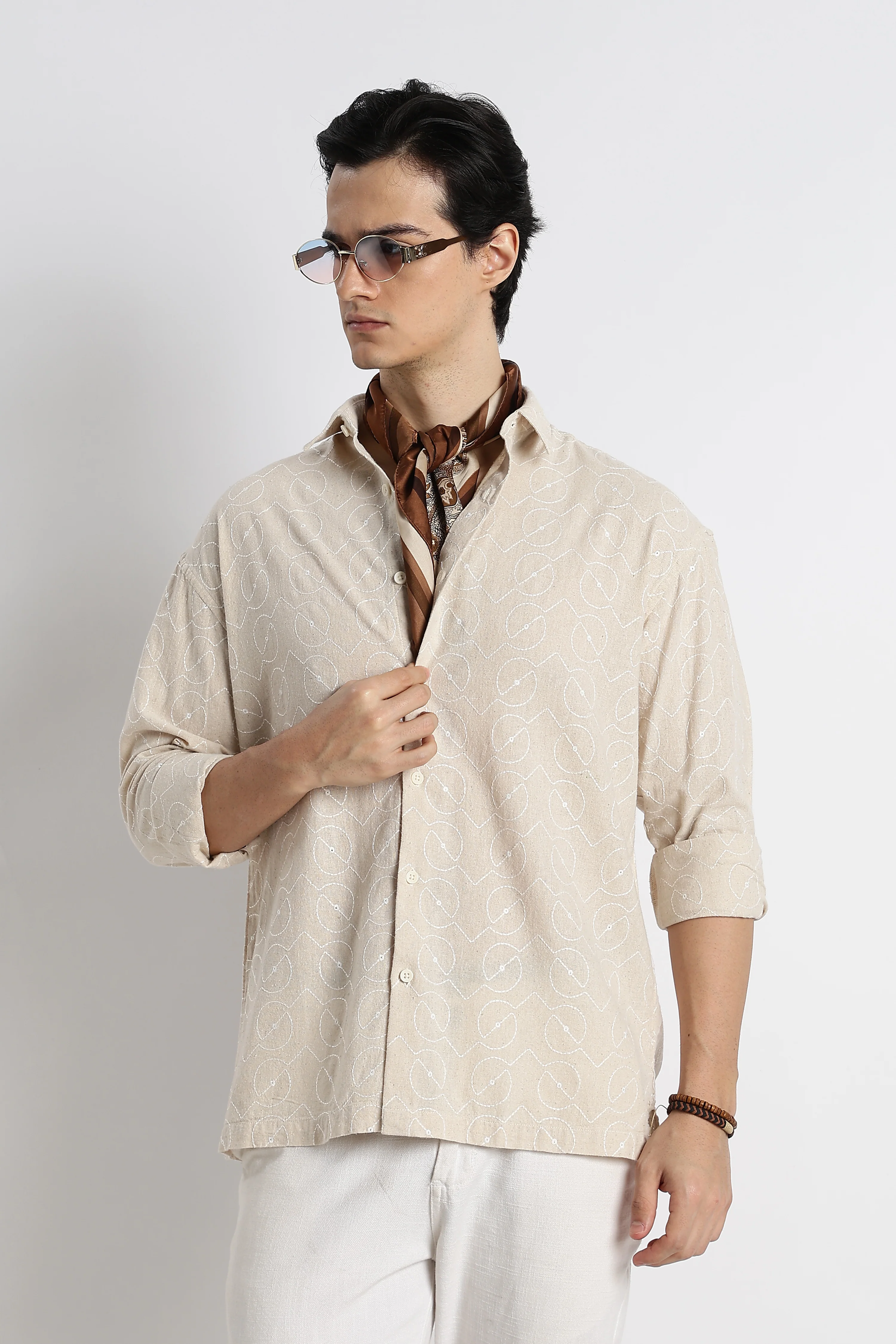 Men Natural Embroidered Cotton Shirt - Image 5