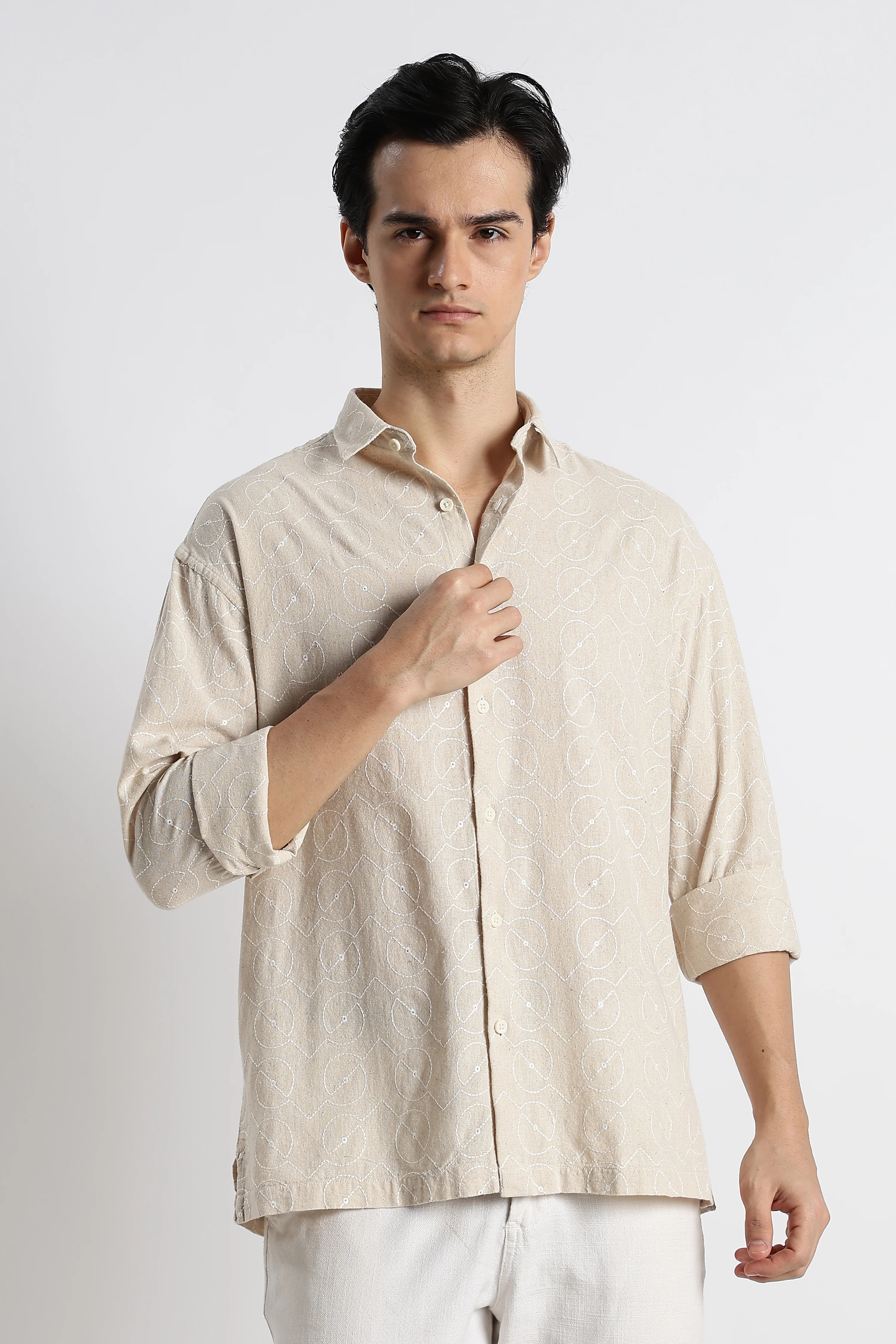 Men Natural Embroidered Cotton Shirt - Image 9