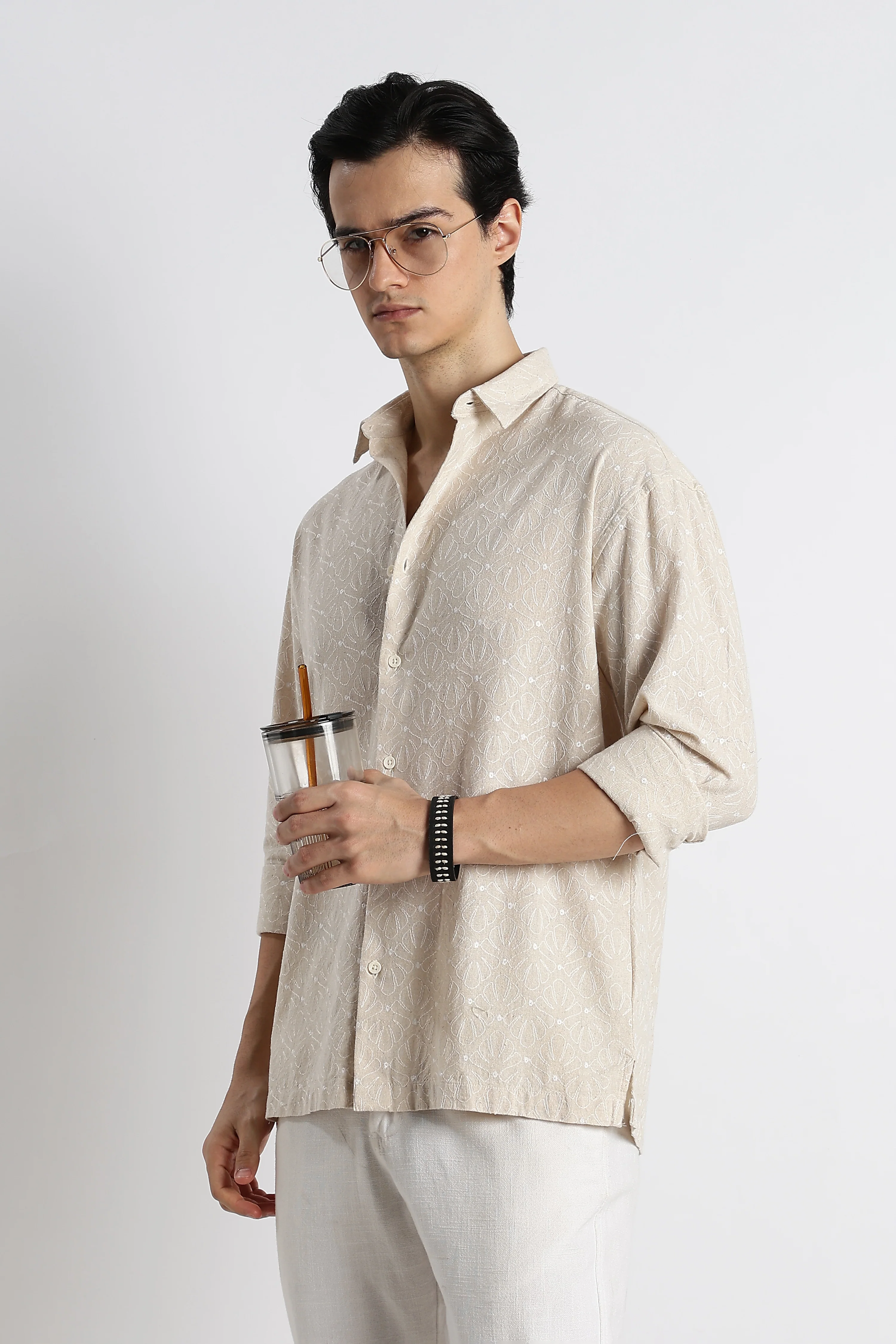 Men Natural Embroidered Cotton Shirt - Image 10