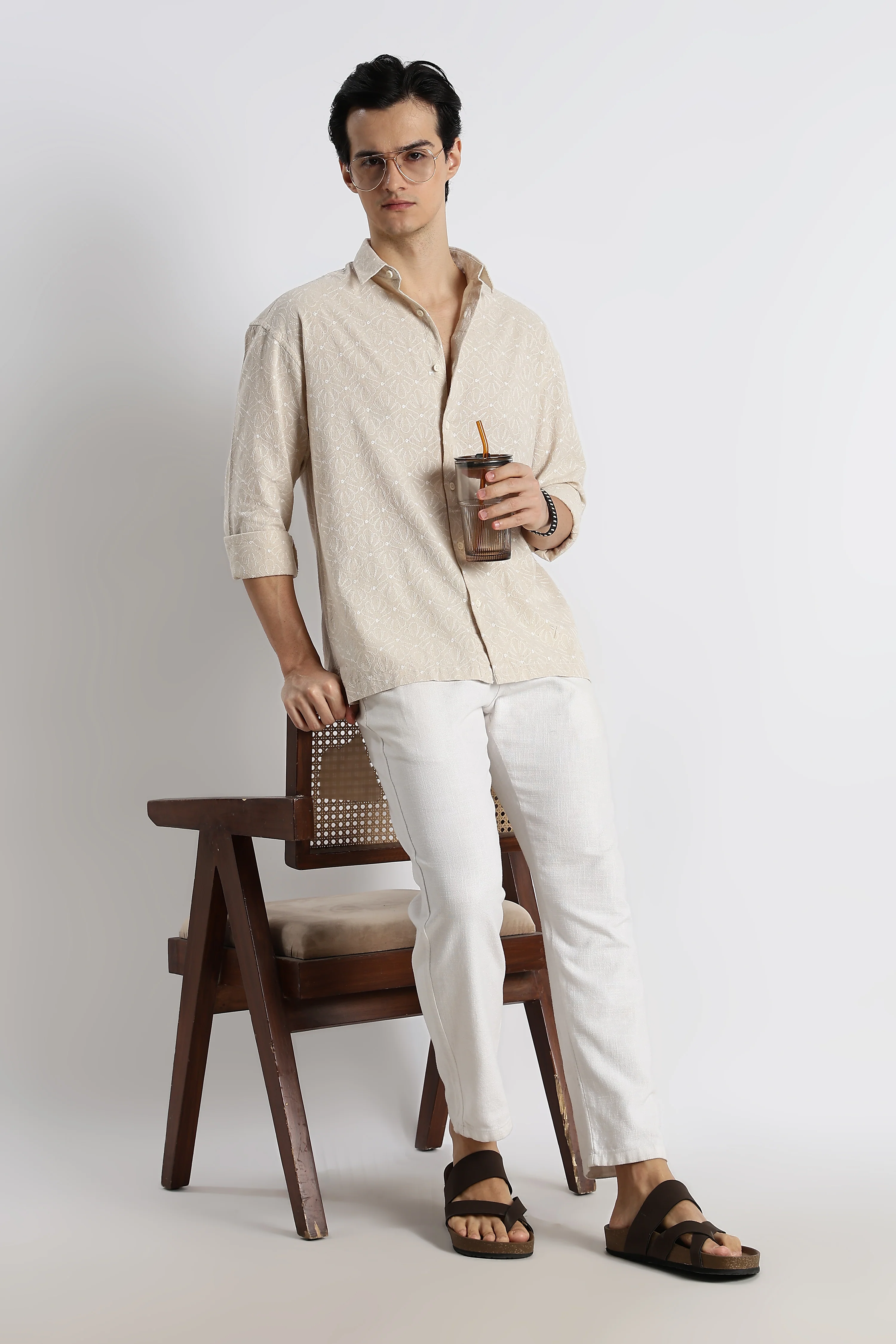 Men Natural Embroidered Cotton Shirt - Image 2