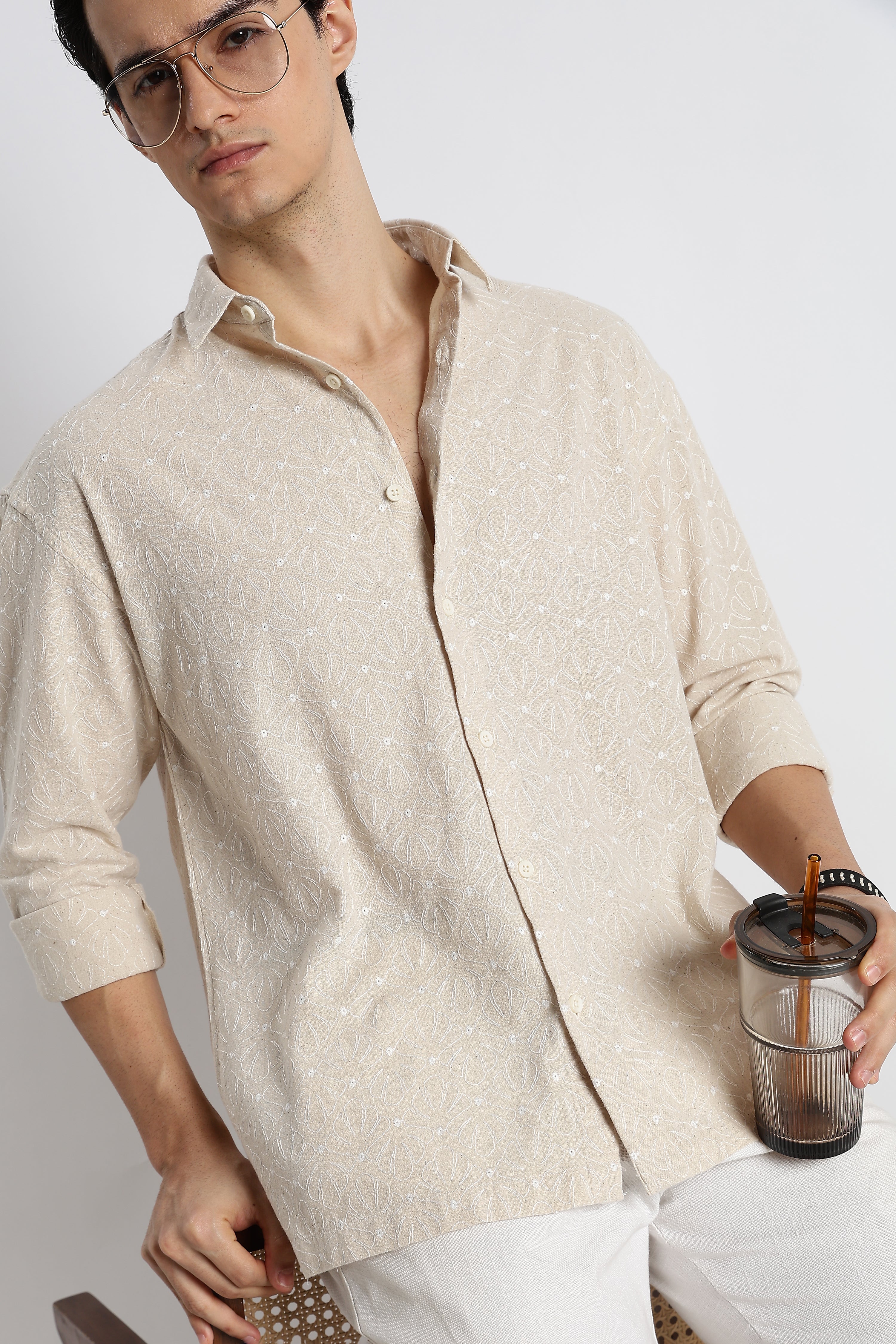 Men Natural Embroidered Cotton Shirt - Image 3