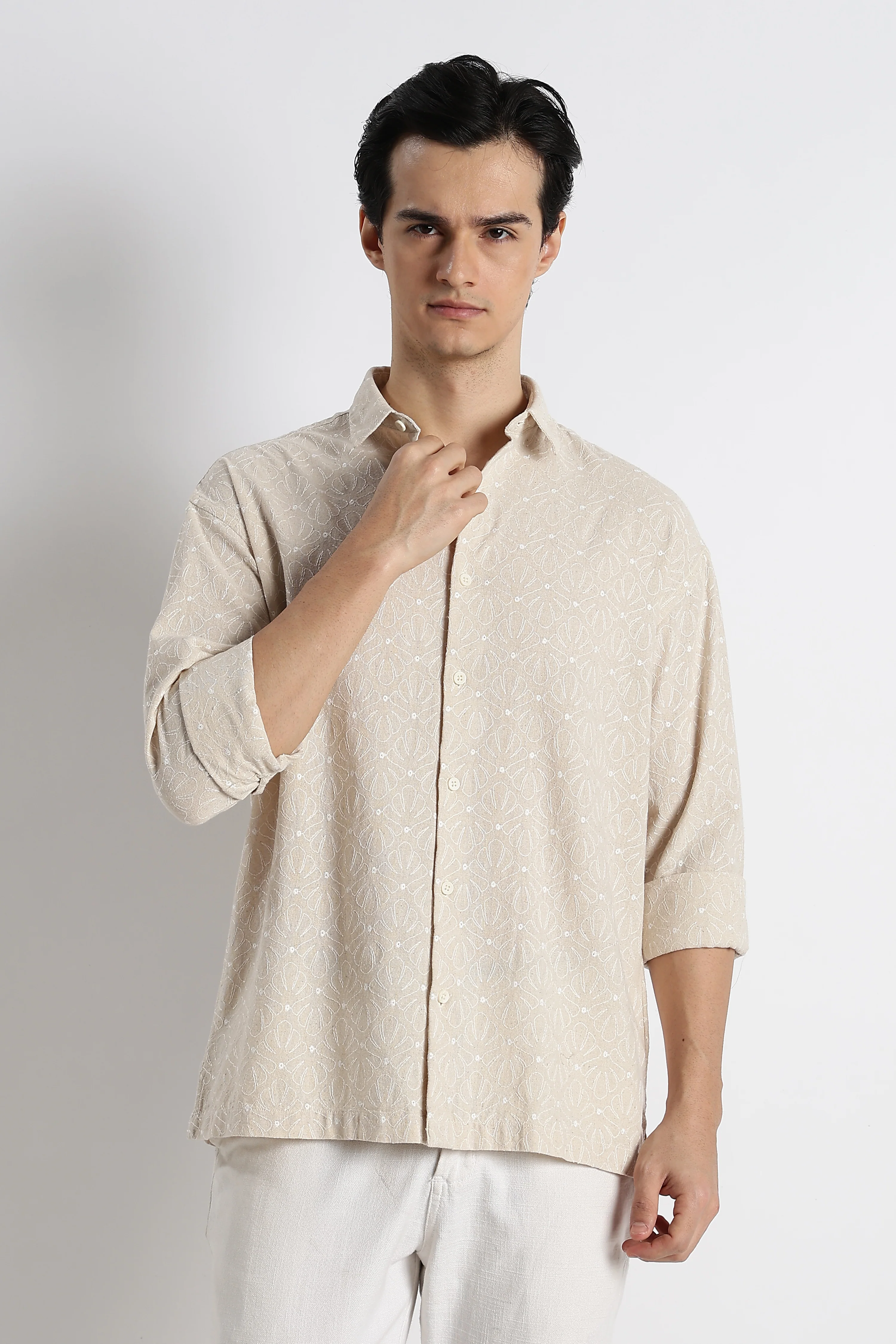Men Natural Embroidered Cotton Shirt - Image 5