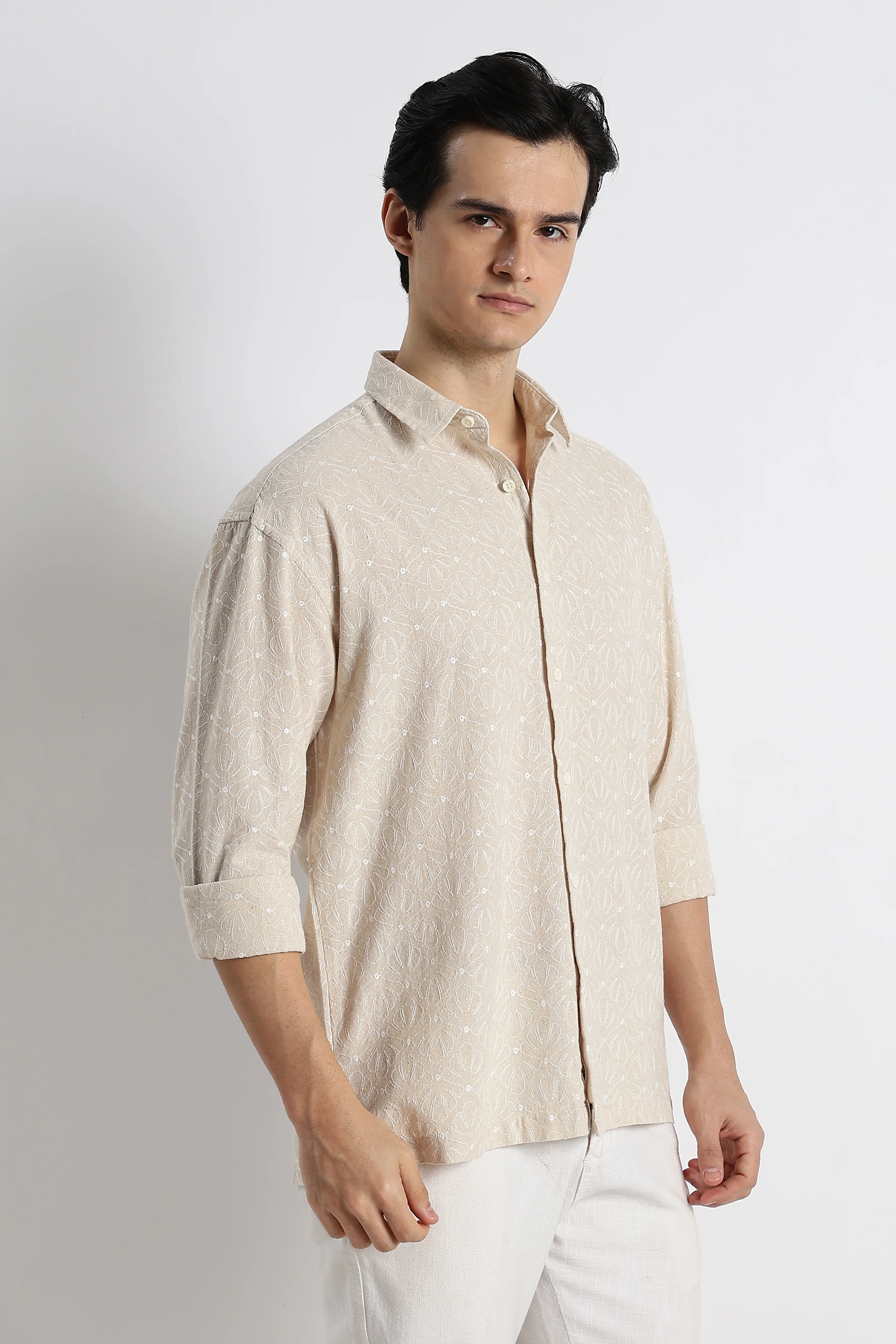 Men Natural Embroidered Cotton Shirt - Image 7