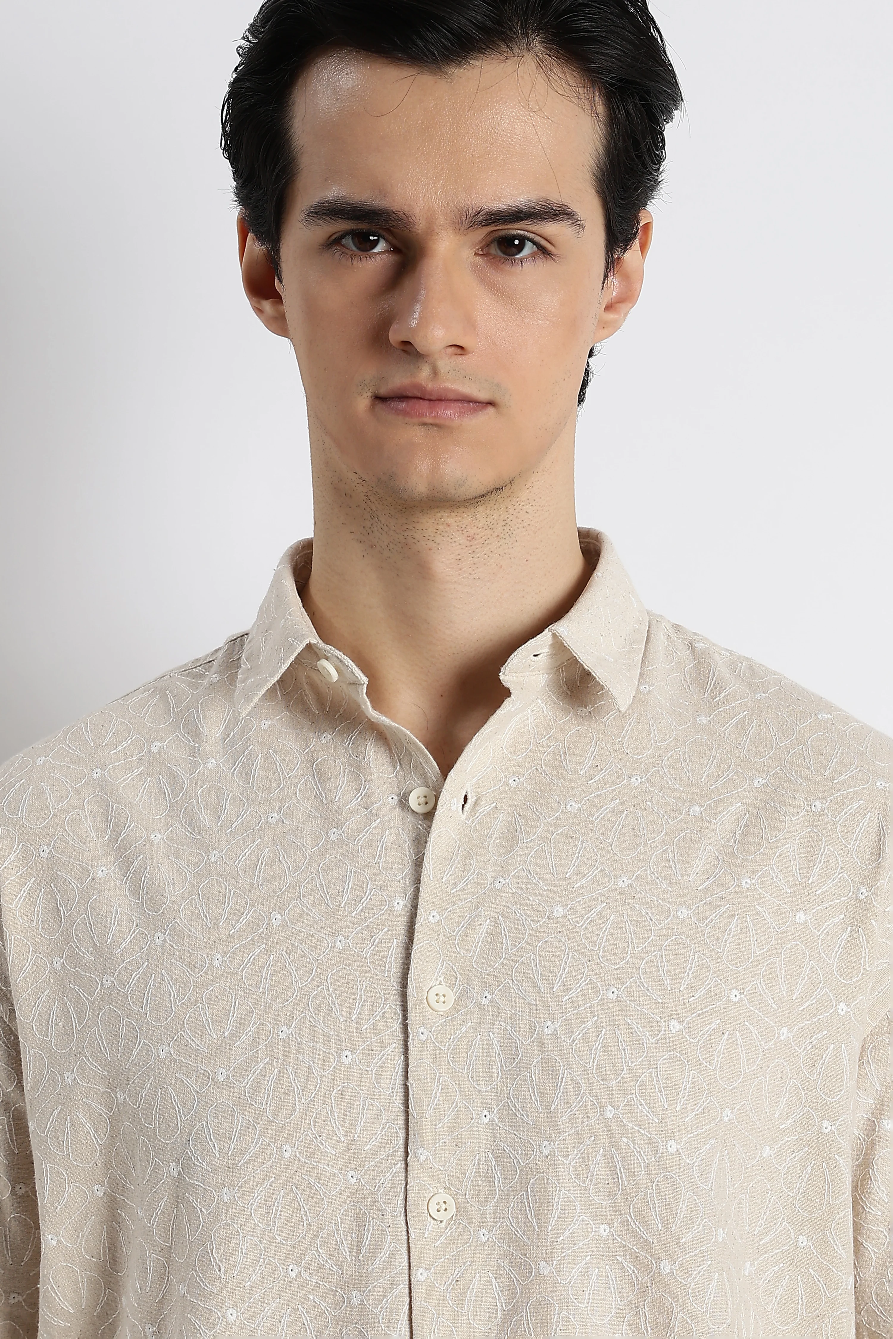 Men Natural Embroidered Cotton Shirt - Image 8