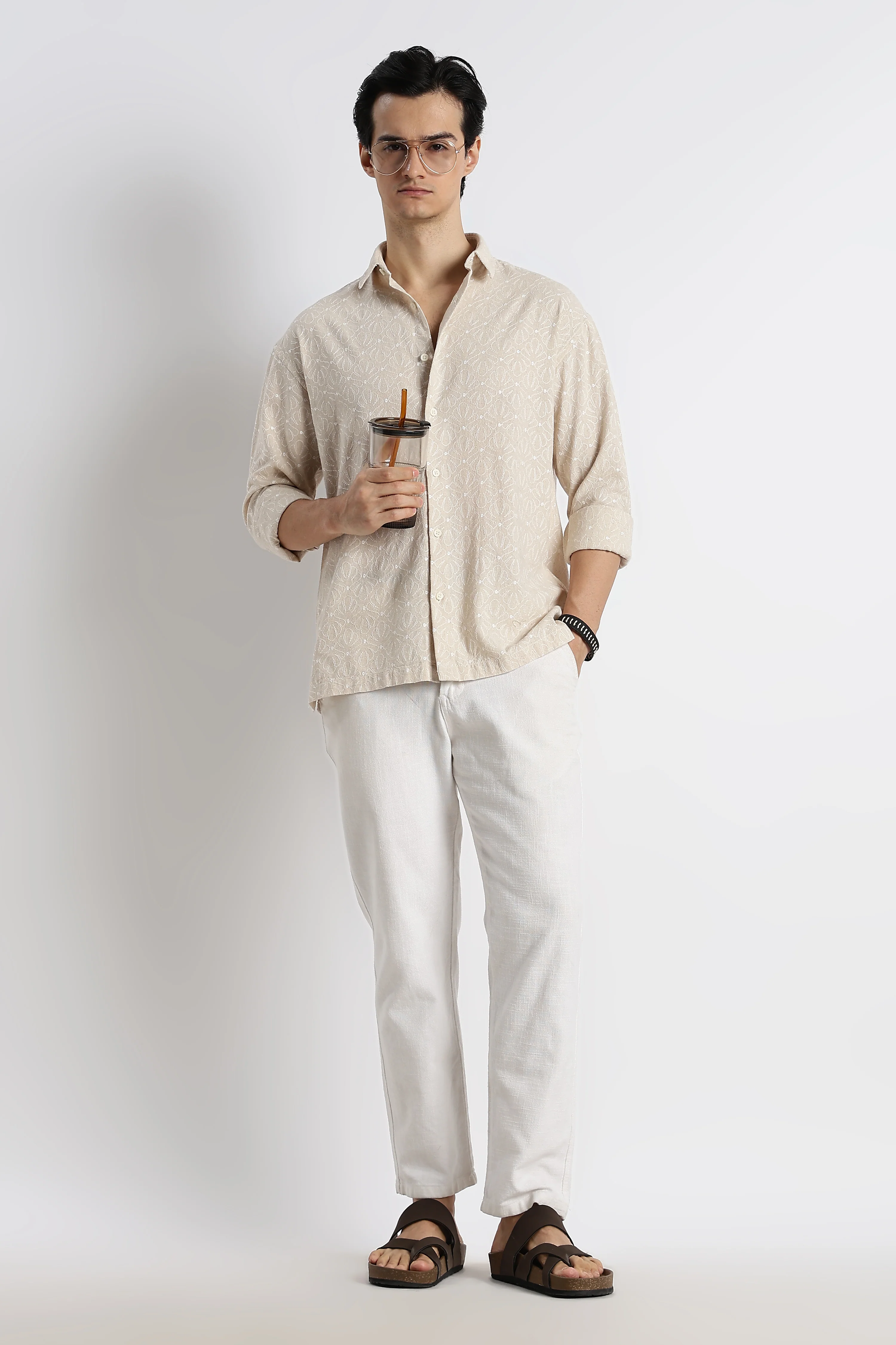 Men Natural Embroidered Cotton Shirt - Image 9