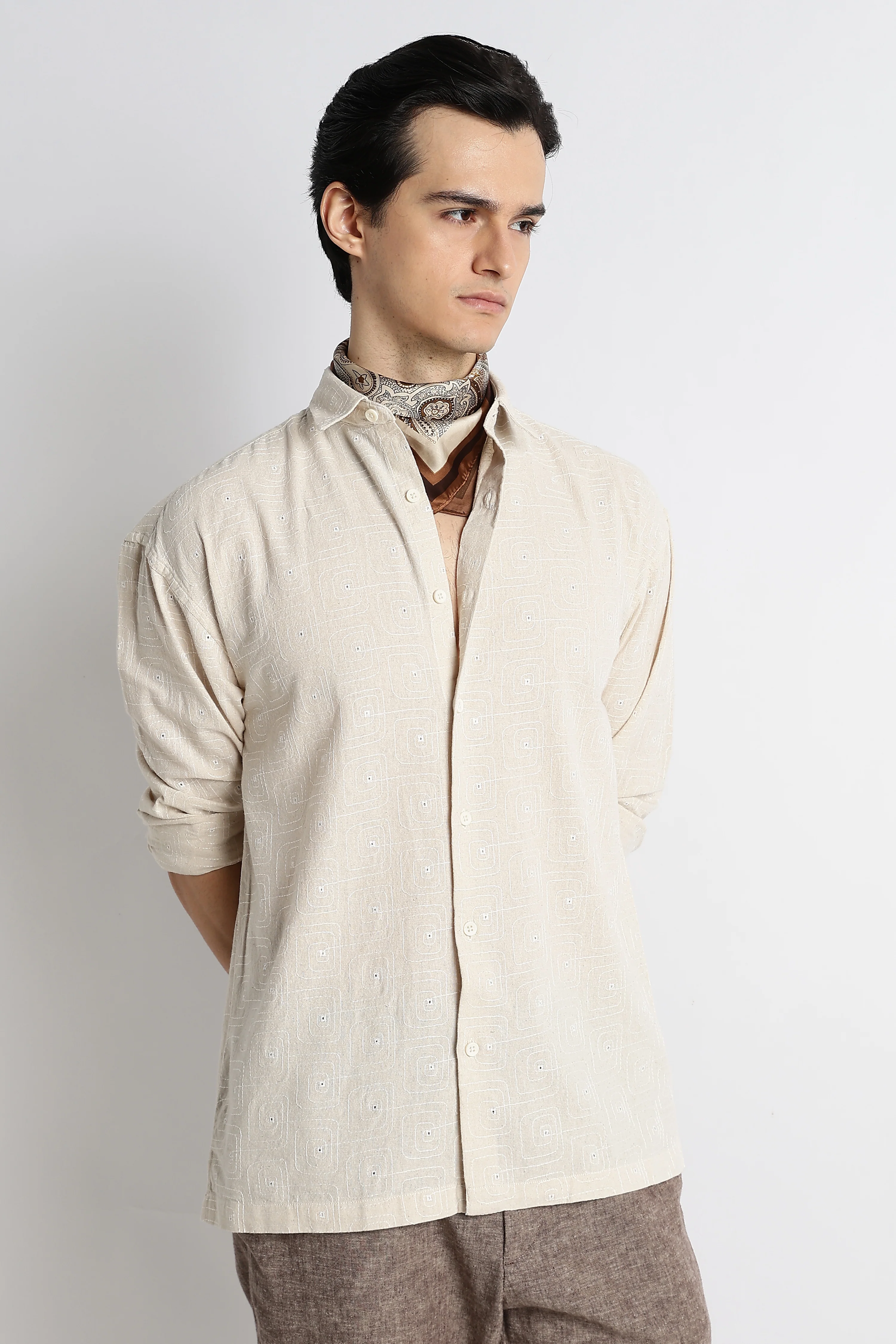 Men Natural Embroidered Cotton Shirt - Image 3