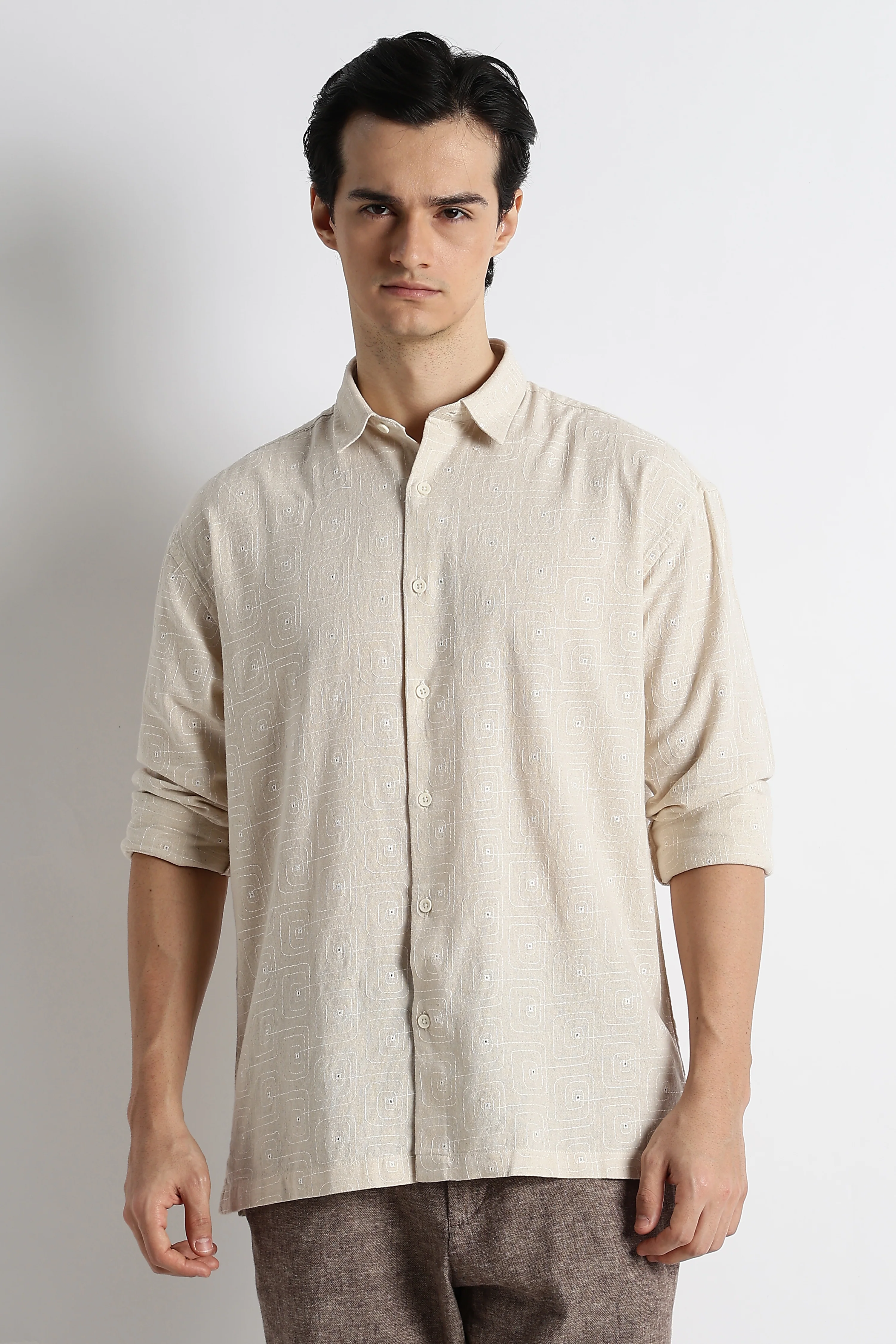 Men Natural Embroidered Cotton Shirt - Image 5