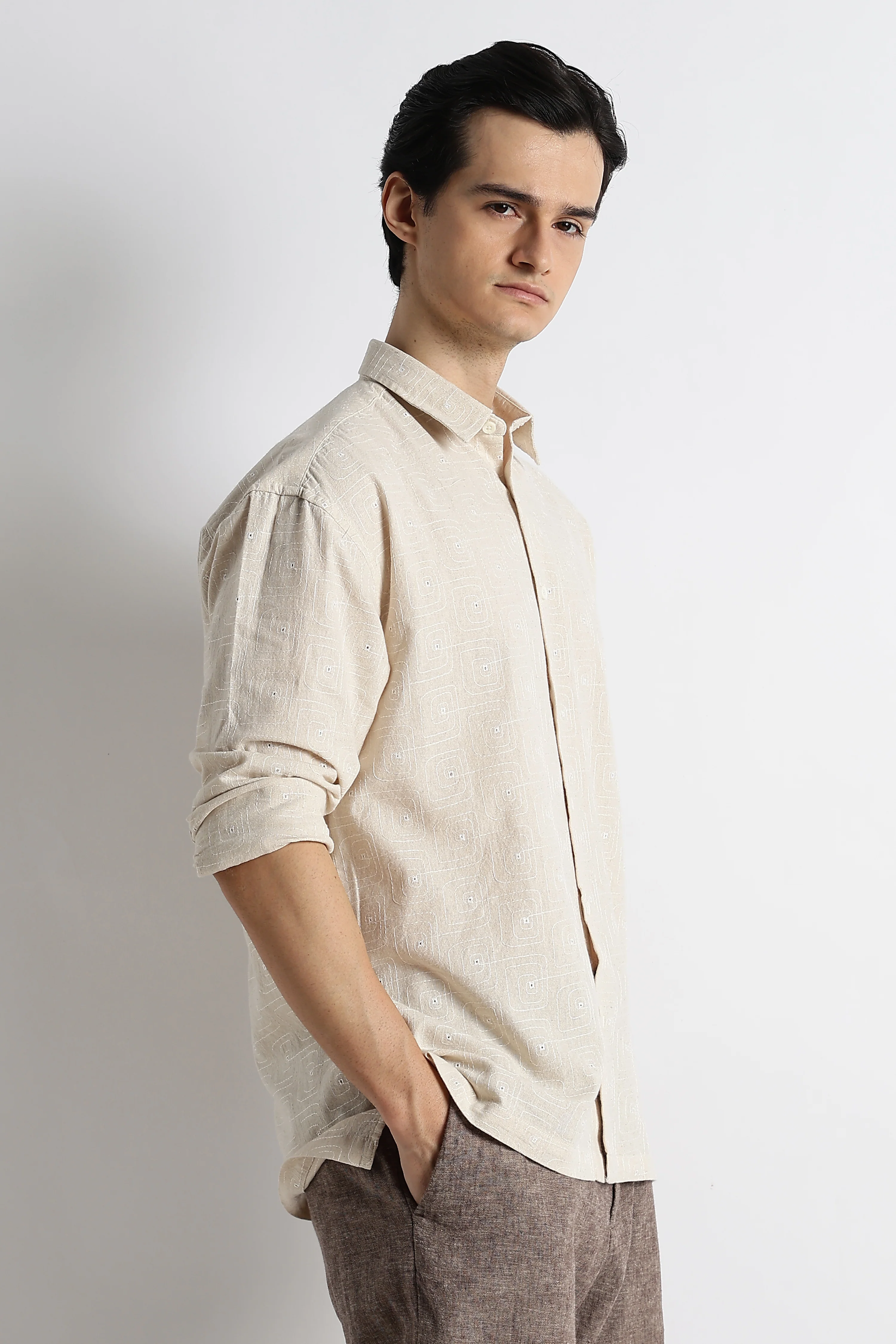 Men Natural Embroidered Cotton Shirt - Image 7