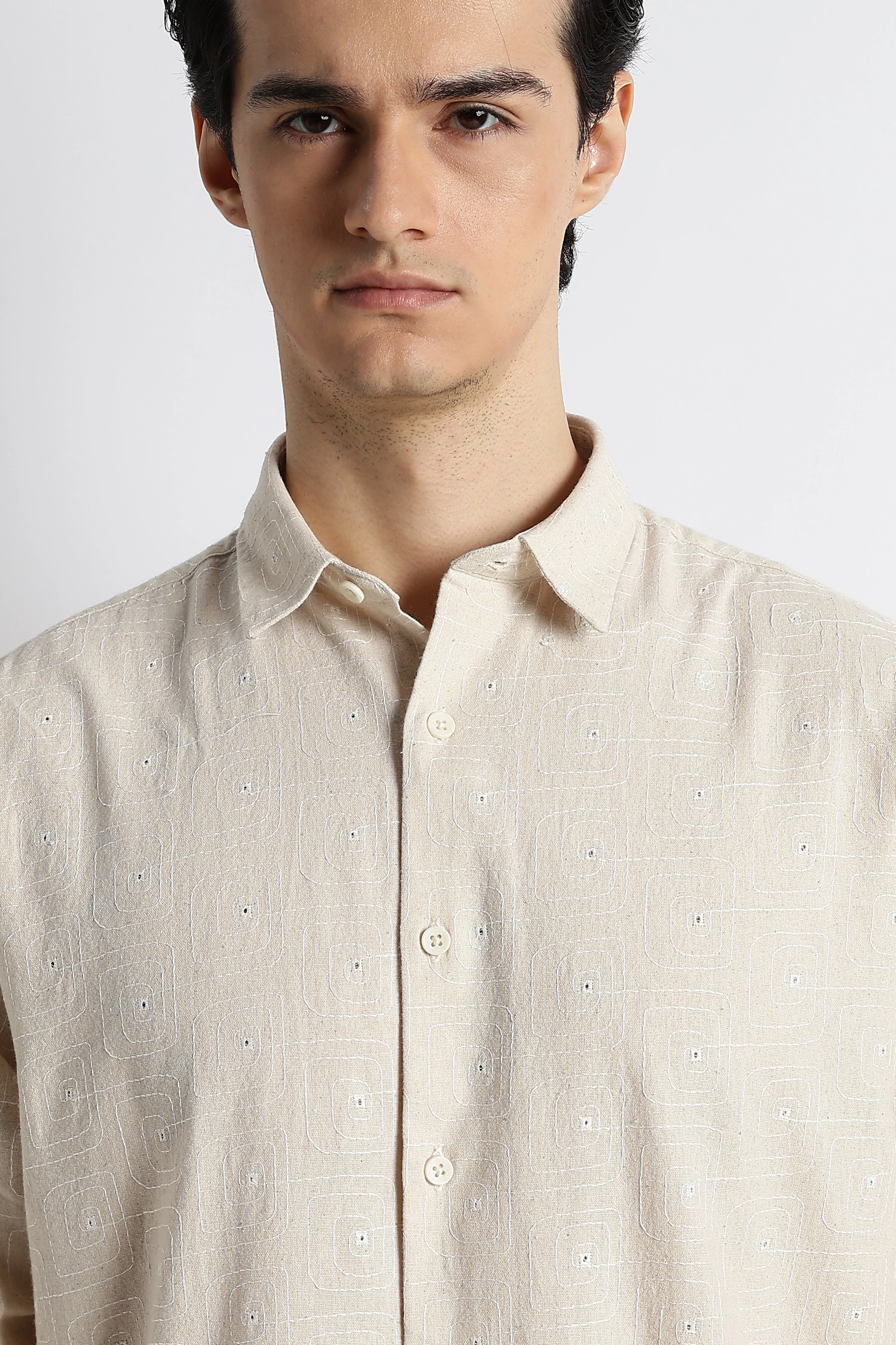 Men Natural Embroidered Cotton Shirt - Image 8