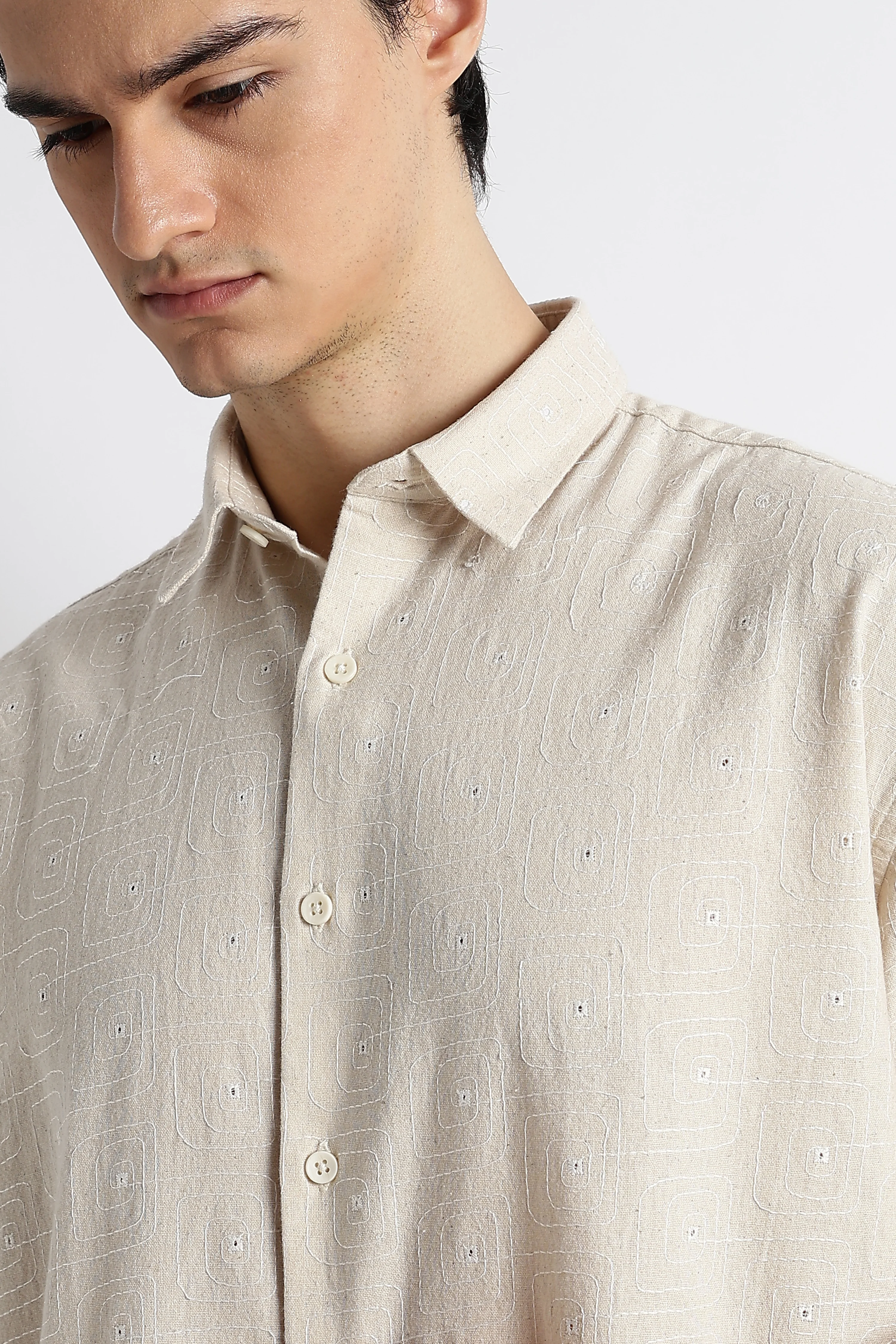 Men Natural Embroidered Cotton Shirt - Image 9