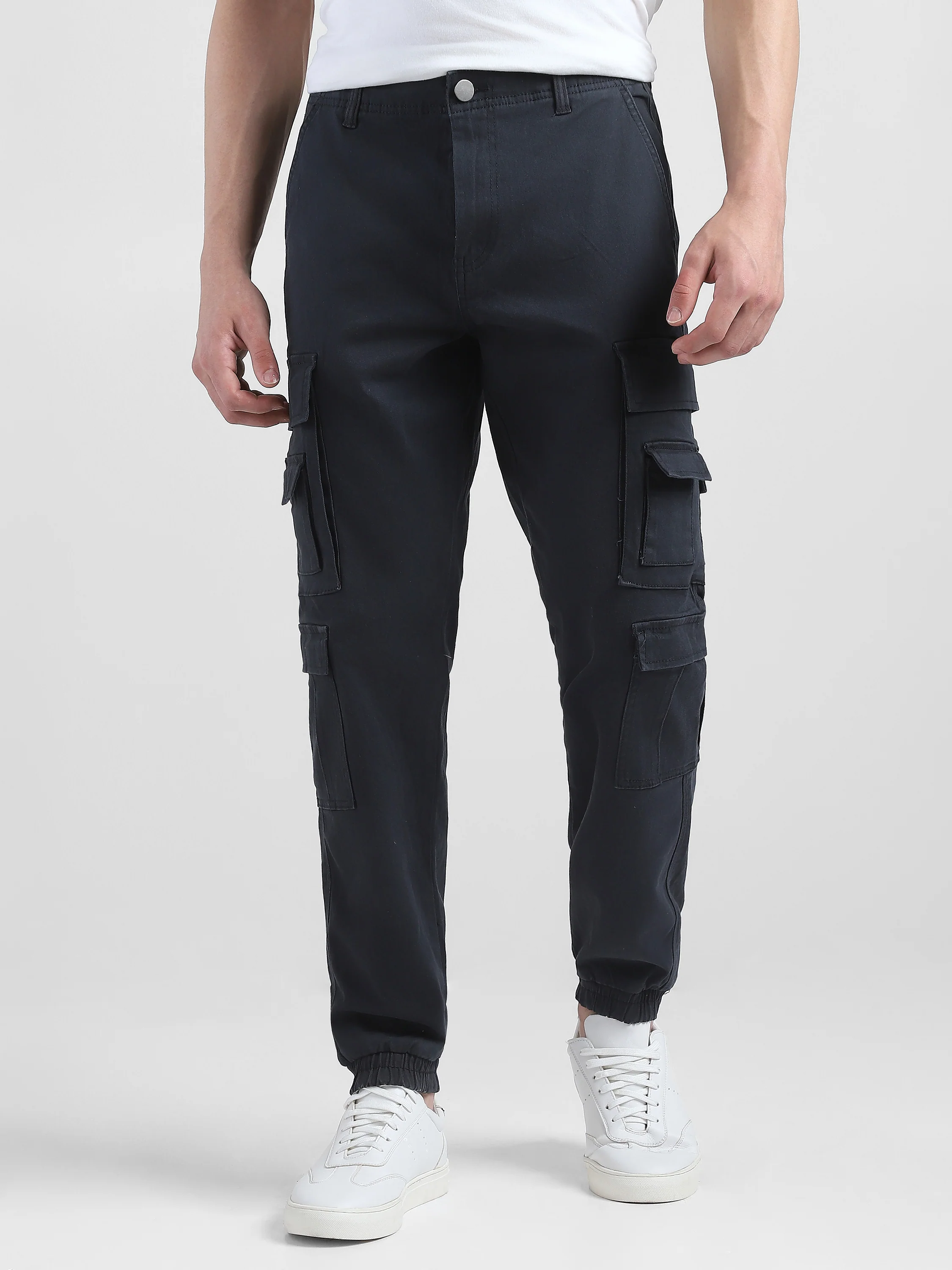 Men Navy Cotton Blend Cargo Pants with 12 pockets - Image 2