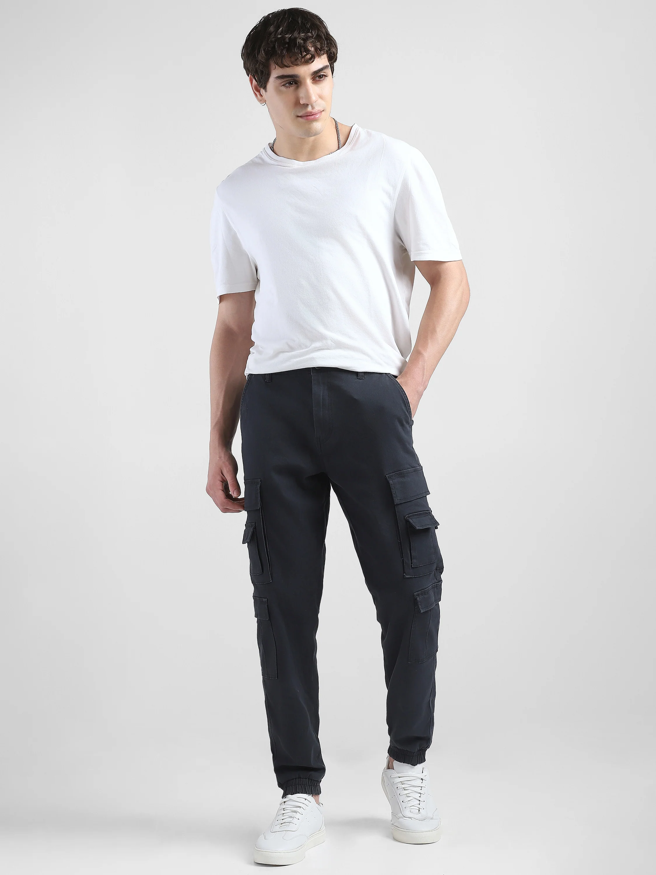 Men Navy Cotton Blend Cargo Pants with 12 pockets - Image 3