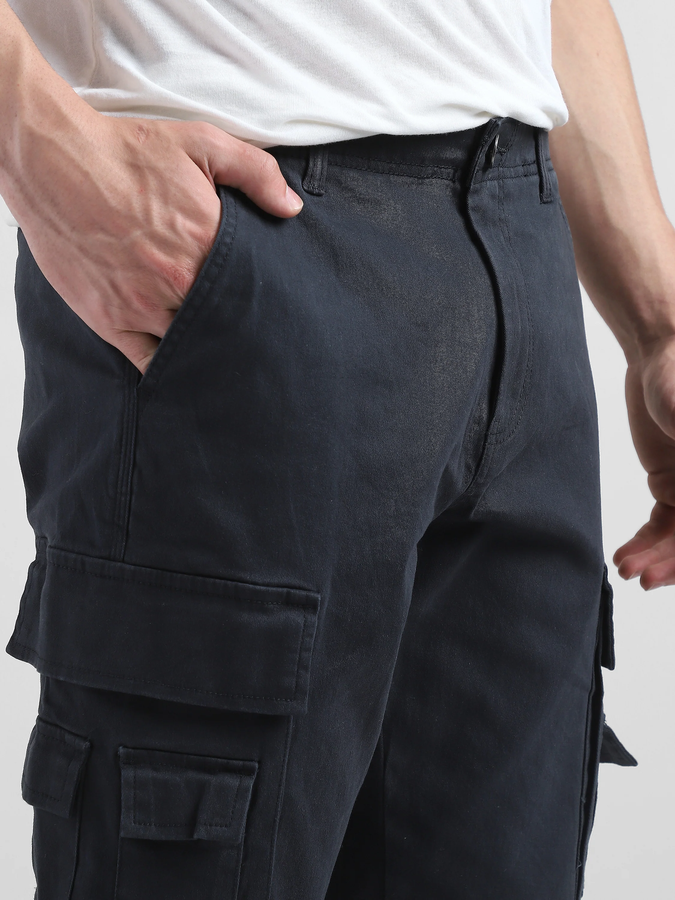 Men Navy Cotton Blend Cargo Pants with 12 pockets - Image 6