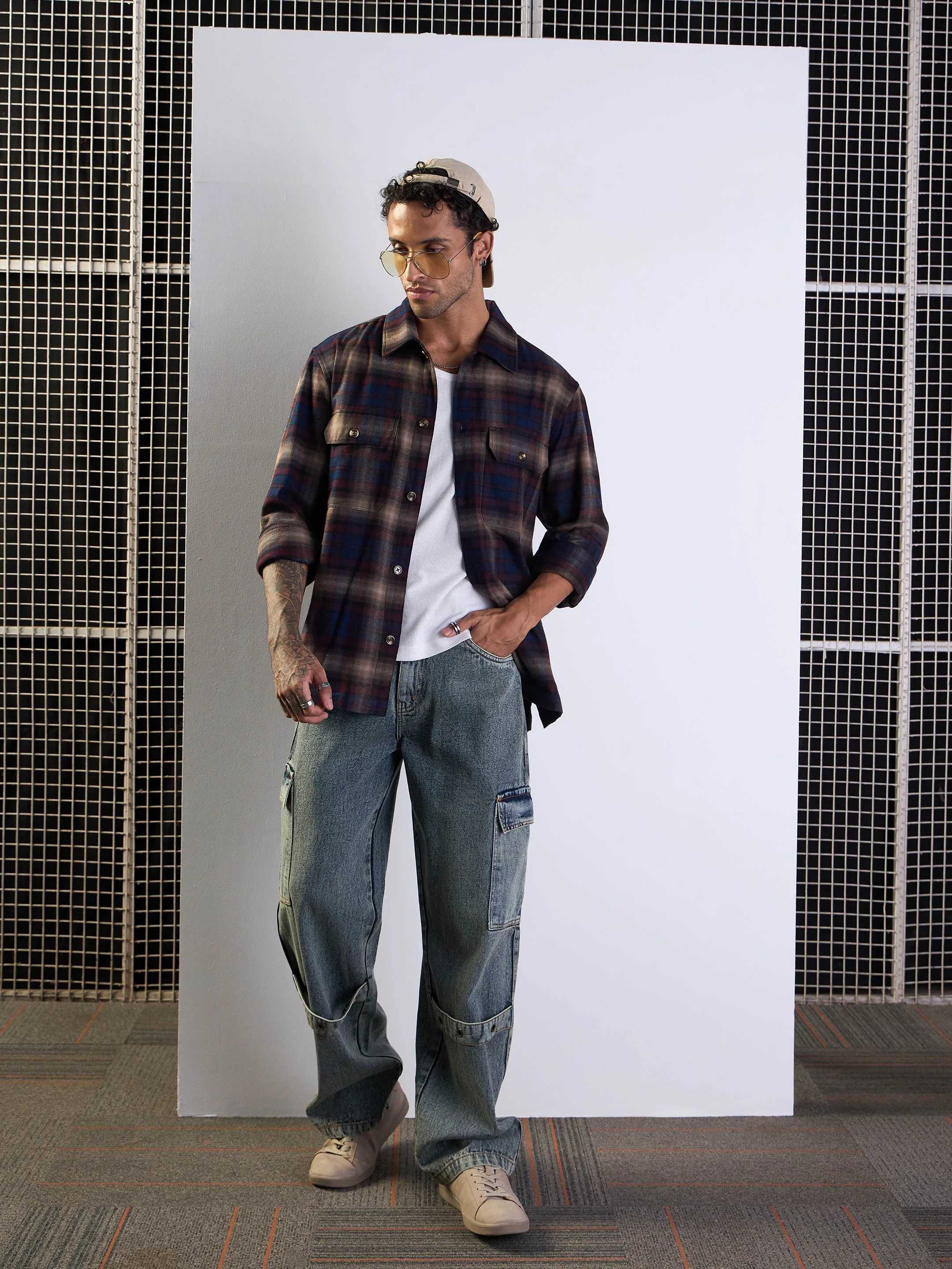 Men Navy & Beige Check Side Pocket Shacket - Image 2